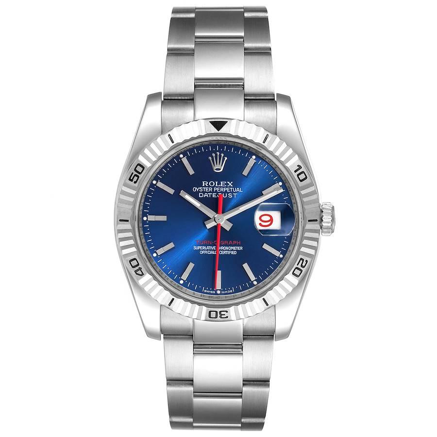 Rolex Datejust Turnograph Blue Dial Steel Mens Watch 116264 Box Papers. Officially certified chronometer self-winding movement. Stainless steel case 36.0 mm in diameter. Rolex logo on a crown. 18k white gold fluted bidirectional rotating turnograph