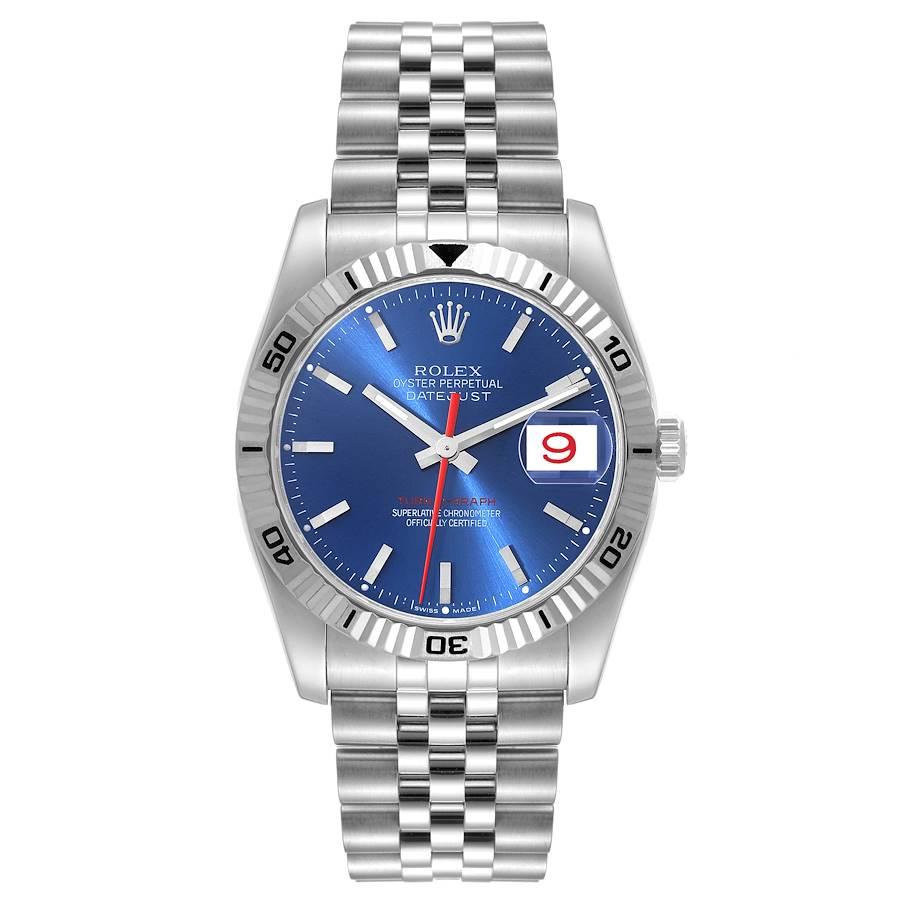 Rolex Datejust Turnograph Blue Dial Steel Mens Watch 116264. Officially certified chronometer self-winding movement. Stainless steel case 36.0 mm in diameter. Rolex logo on the crown. 18k white gold fluted bidirectional rotating turnograph bezel.