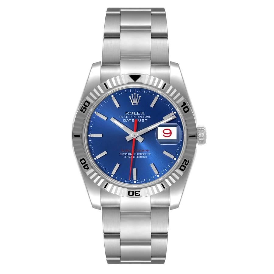 Rolex Datejust Turnograph Blue Dial Steel Mens Watch 116264. Officially certified chronometer self-winding movement. Stainless steel case 36.0 mm in diameter. Rolex logo on the crown. 18k white gold fluted bidirectional rotating turnograph bezel.