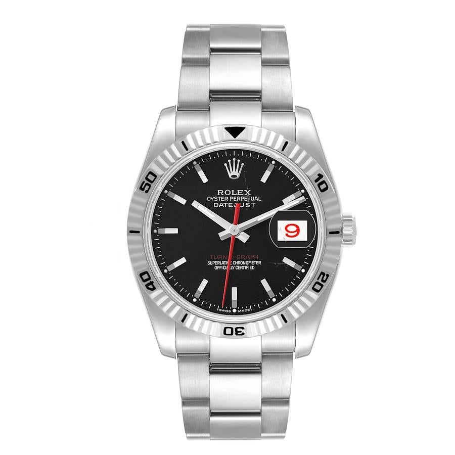 Rolex Datejust Turnograph Steel White Gold Black Dial Mens Watch 116264. Officially certified chronometer automatic self-winding movement. Stainless steel case 36.0 mm in diameter. Rolex logo on the crown. 18k white gold fluted bidirectional