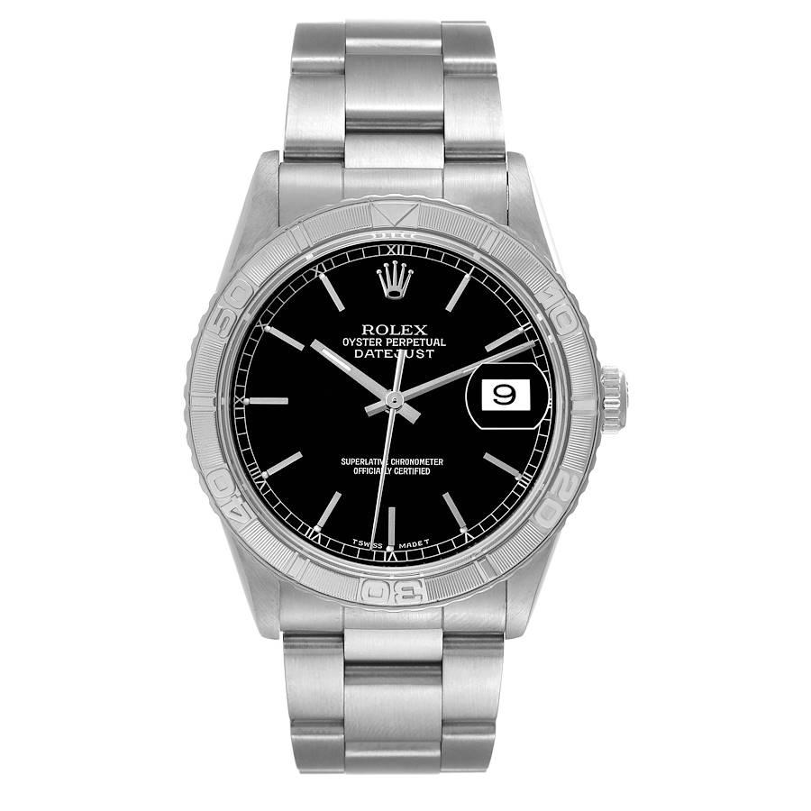 Rolex Datejust Turnograph Steel White Gold Black Dial Mens Watch 16264. Officially certified chronometer automatic self-winding movement. Stainless steel case 36.0 mm in diameter. Rolex logo on the crown. 18k white gold bidirectional rotating