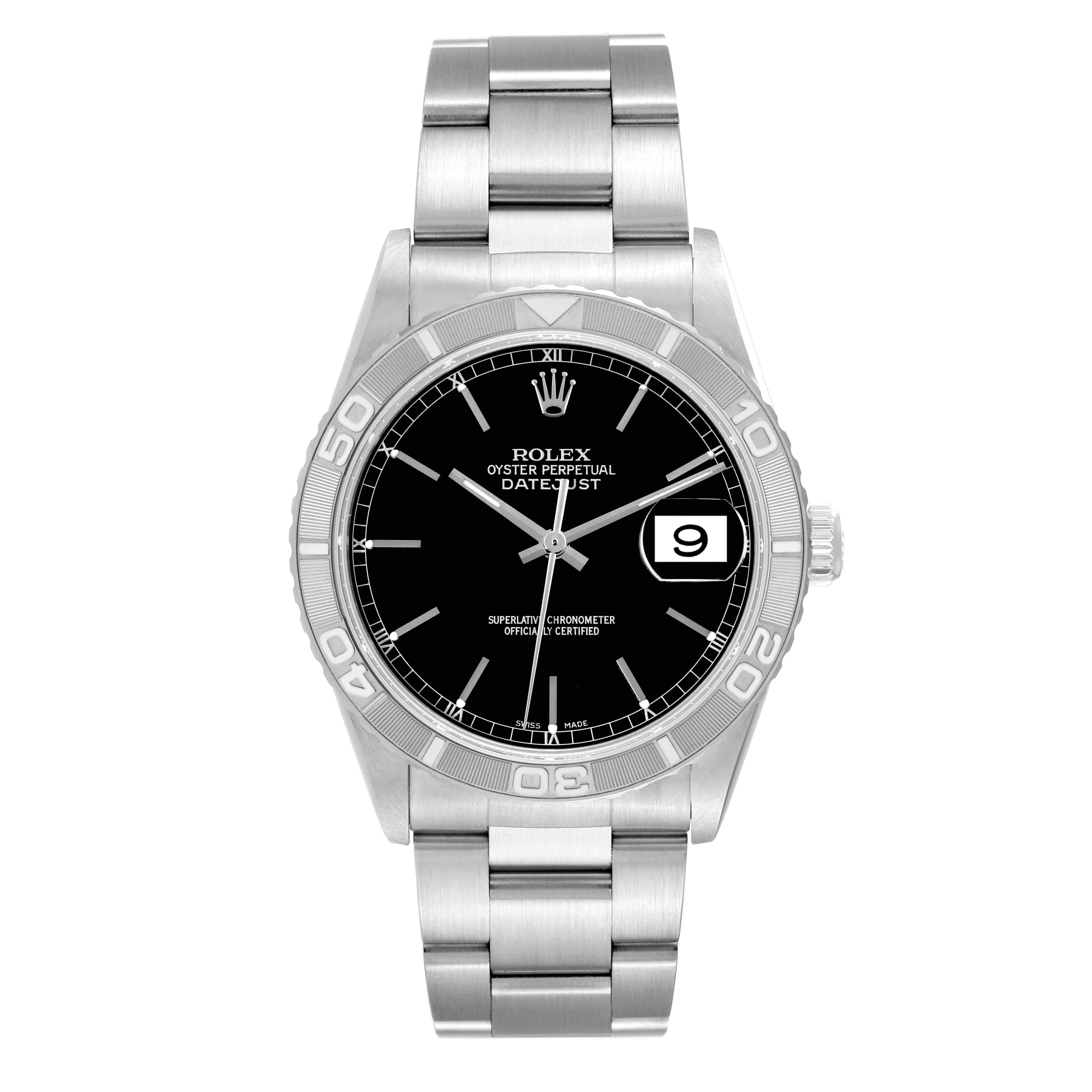 Rolex Datejust Turnograph Steel White Gold Black Dial Mens Watch 16264. Officially certified chronometer automatic self-winding movement with quickset date function. Stainless steel case 36.0 mm in diameter. Rolex logo on the crown. 18k white gold