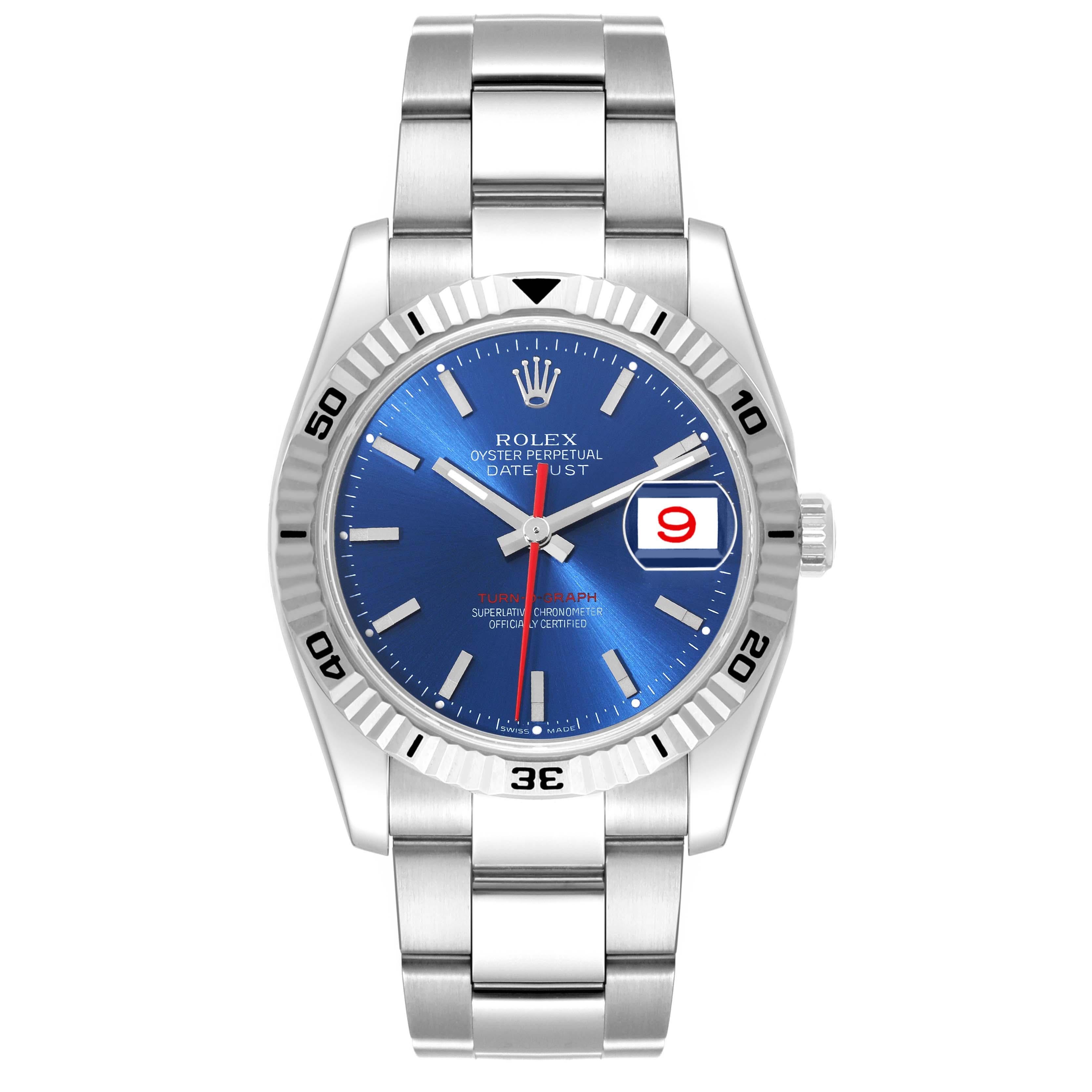 Rolex Datejust Turnograph Steel White Gold Blue Dial Mens Watch 116264 Box Card. Officially certified chronometer automatic self-winding movement. Stainless steel case 36.0 mm in diameter. Rolex logo on the crown. 18k white gold fluted bidirectional