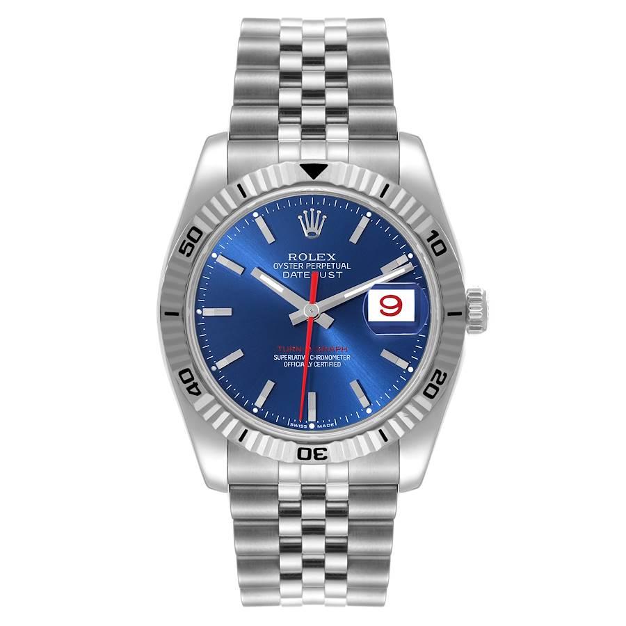 Rolex Datejust Turnograph Steel White Gold Blue Dial Mens Watch 116264. Officially certified chronometer automatic self-winding movement. Stainless steel case 36.0 mm in diameter. Rolex logo on the crown. 18k white gold fluted bidirectional rotating