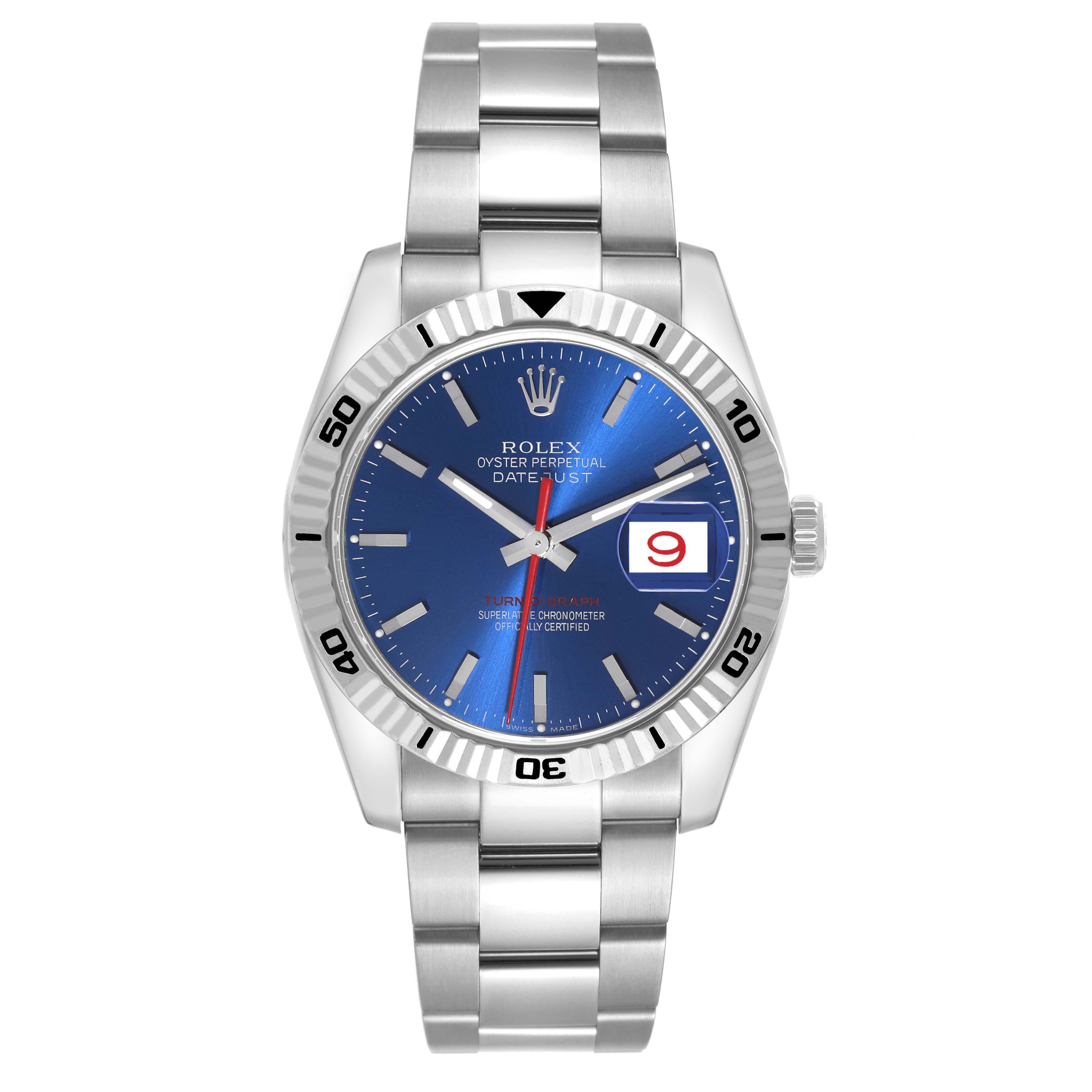 Rolex Datejust Turnograph Steel White Gold Blue Dial Mens Watch 116264. Officially certified chronometer automatic self-winding movement. Stainless steel case 36.0 mm in diameter. Rolex logo on the crown. 18k white gold fluted bidirectional rotating
