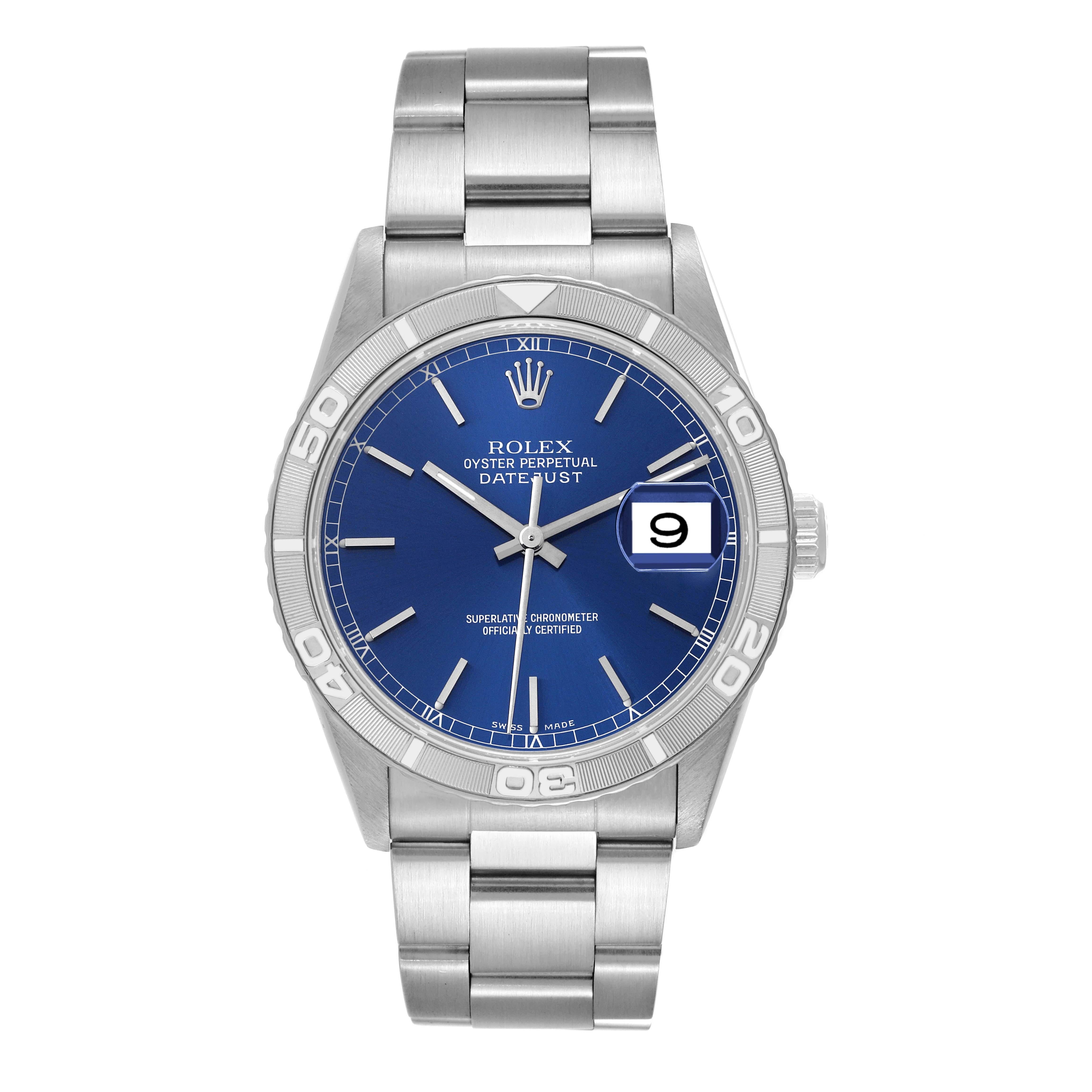 Rolex Datejust Turnograph Steel White Gold Blue Dial Mens Watch 16264. Officially certified chronometer automatic self-winding movement with quickset date function. Stainless steel case 36.0 mm in diameter. Rolex logo on the crown. 18k white gold