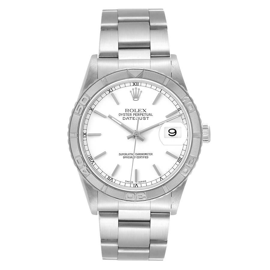 Rolex Datejust Turnograph Steel White Gold White Dial Mens Watch 16264. Officially certified chronometer automatic self-winding movement. Stainless steel case 36.0 mm in diameter. Rolex logo on the crown. 18k white gold bidirectional rotating