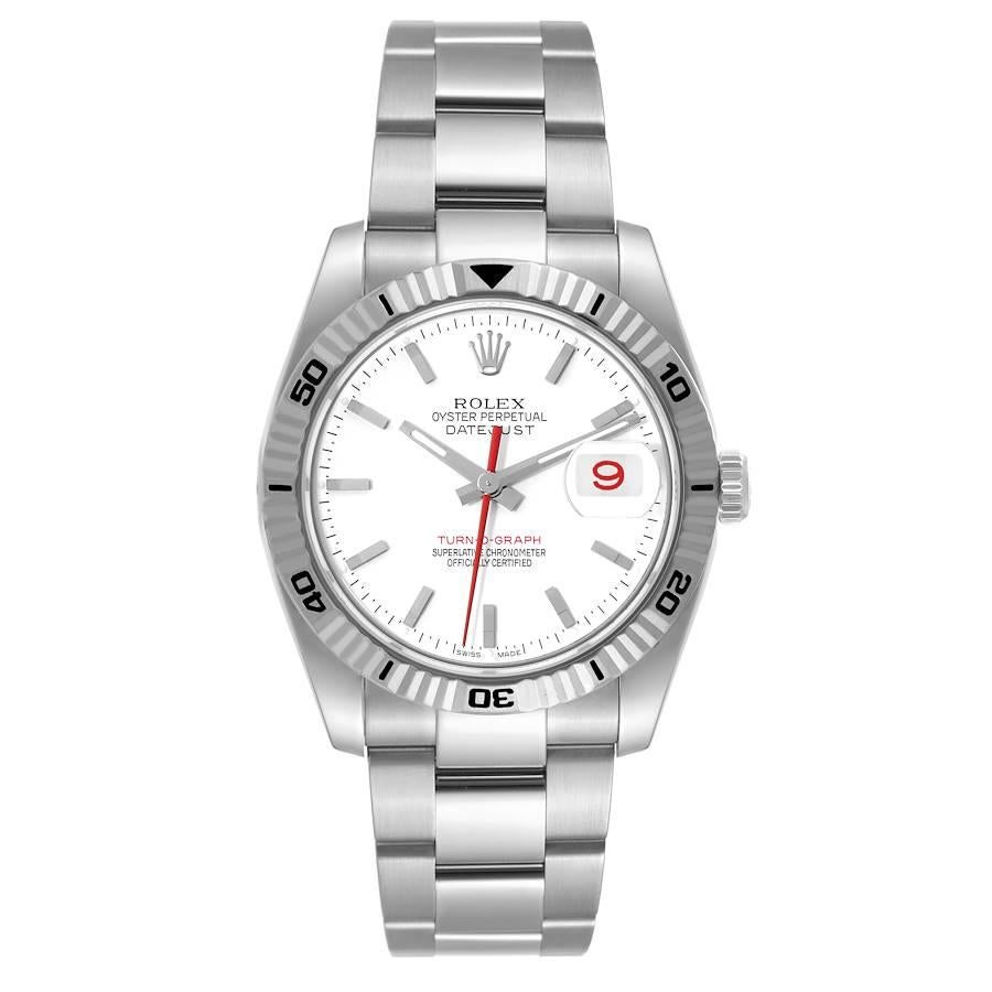 Rolex Datejust Turnograph Steel White Gold White Dial Watch 116264 Box Card. Officially certified chronometer automatic self-winding movement with quickset date function. Stainless steel round case 36 mm in diameter. Rolex logo on the crown. 18k