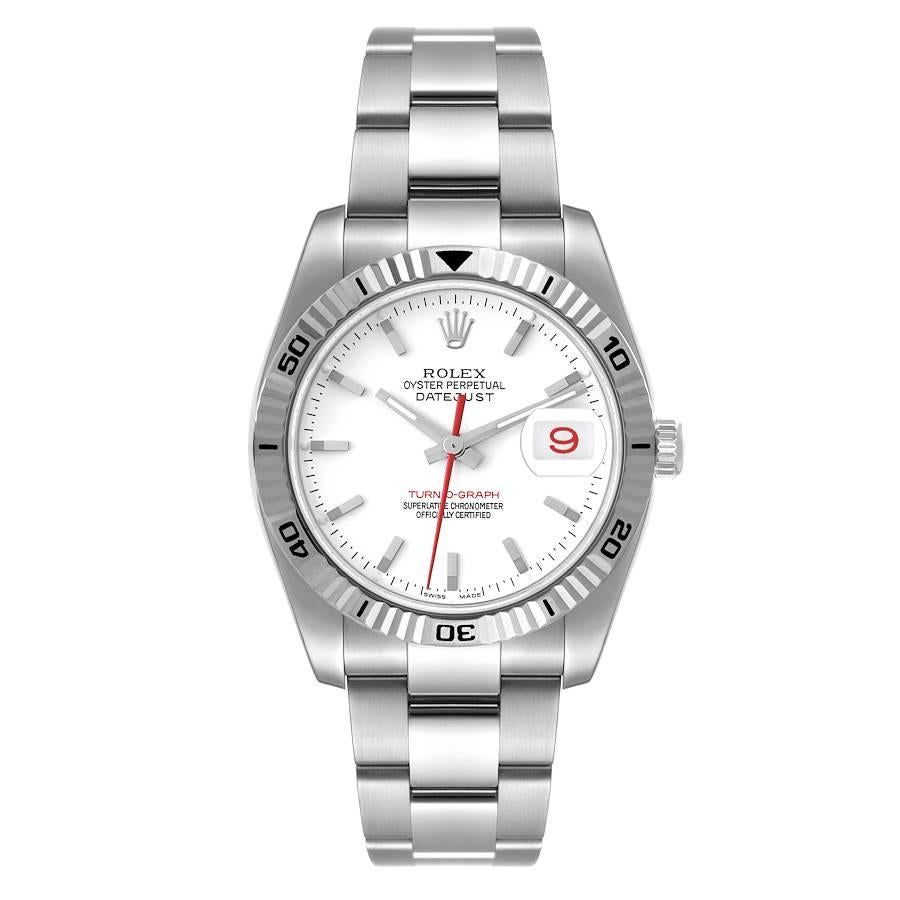 Rolex Datejust Turnograph Steel White Gold White Dial Watch 116264 Box Papers. Officially certified chronometer automatic self-winding movement with quickset date function. Stainless steel round case 36 mm in diameter. Rolex logo on the crown. 18k