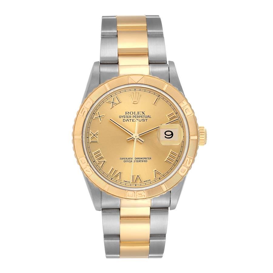 Rolex Datejust Turnograph Steel Yellow Gold Champagne Dial Mens Watch 16263. Officially certified chronometer automatic self-winding movement. Stainless steel case 36 mm in diameter. Rolex logo on an 18K yellow gold crown. 18k yellow gold