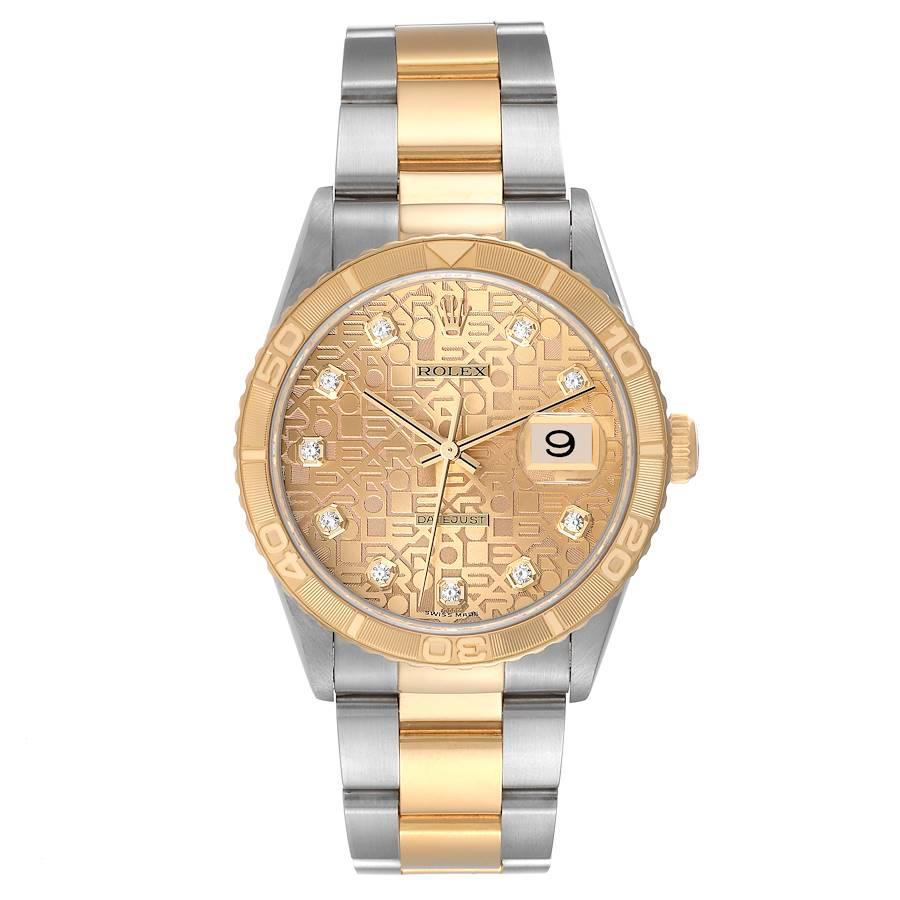 Rolex Datejust Turnograph Steel Yellow Gold Diamond Dial Mens Watch 16263. Officially certified chronometer automatic self-winding movement. Stainless steel case 36 mm in diameter. Rolex logo on an 18K yellow gold crown. 18k yellow gold thunderbird
