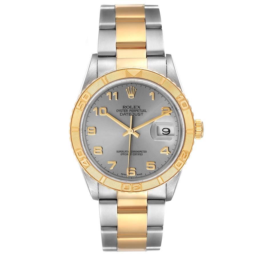 Rolex Datejust Turnograph Steel Yellow Gold Grey Dial Mens Watch 16263. Officially certified chronometer self-winding movement. Stainless steel case 36 mm in diameter. Rolex logo on a 18K yellow gold crown. 18k yellow gold thunderbird bidirectional