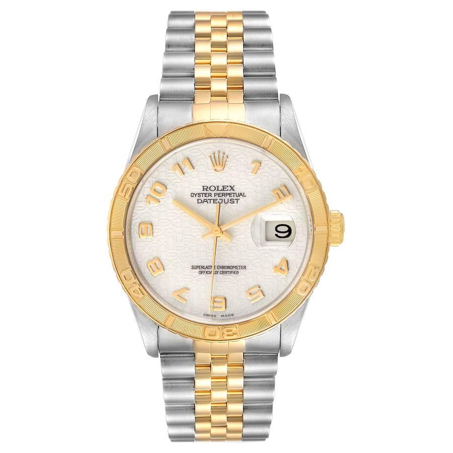 Rolex Datejust Turnograph Steel Yellow Gold Ivory Dial Mens Watch 16263. Officially certified chronometer self-winding movement. Stainless steel case 36 mm in diameter. Rolex logo on a 18K yellow gold crown. 18k yellow gold thunderbird bidirectional