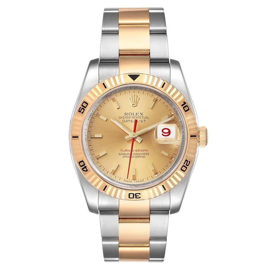 Rolex Datejust Turnograph Steel Yellow Gold Mens Watch 116263 Box Card. Officially certified chronometer self-winding movement. Stainless steel case 36mm in diameter. Rolex logo on a crown. 18k yellow gold fluted bidirectional rotating turnograph
