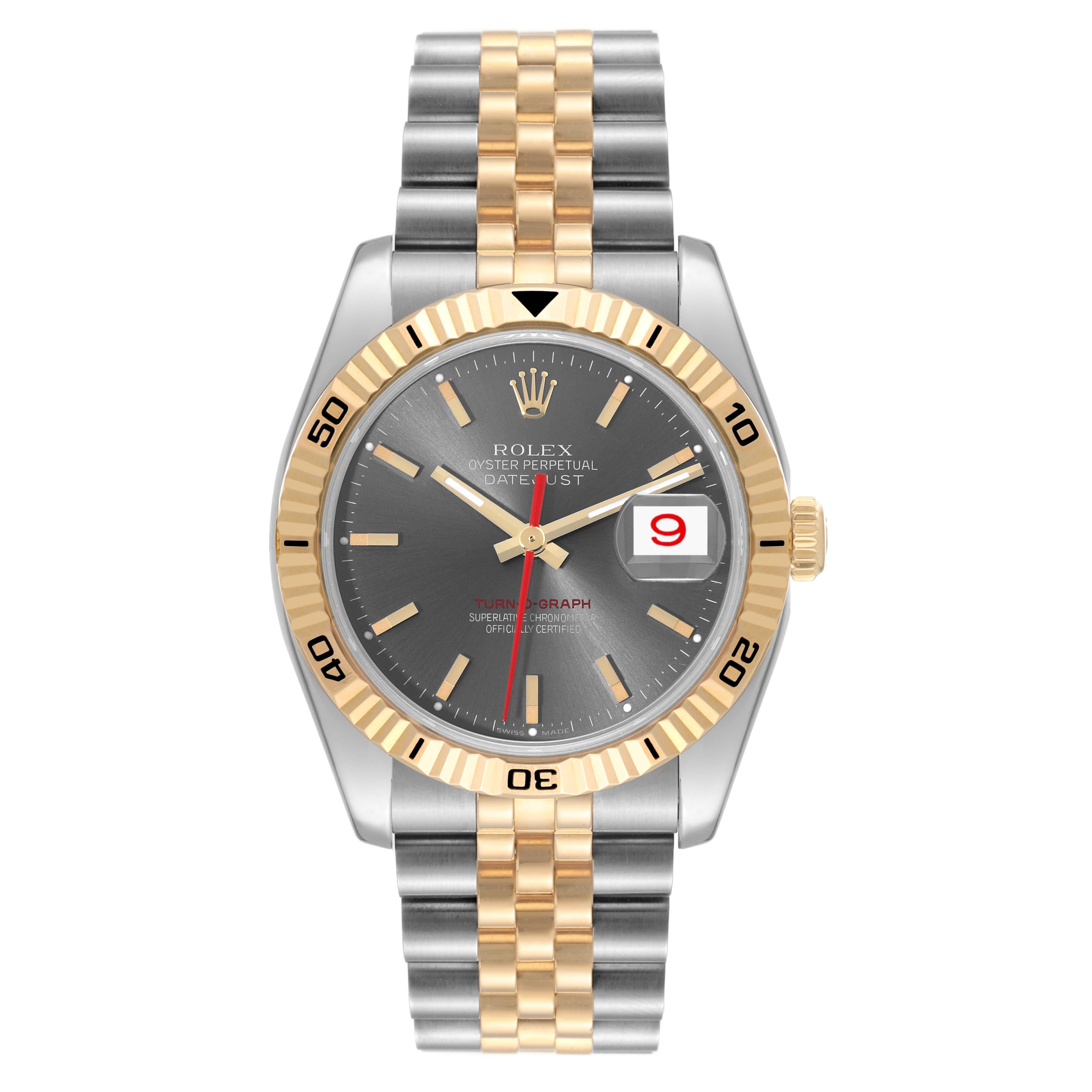 Rolex Datejust Turnograph Steel Yellow Gold Mens Watch 116263 Box Card. Officially certified chronometer automatic self-winding movement with quickset date function. Stainless steel and 18K yellow gold case 36.0 mm in diameter. Rolex logo on the