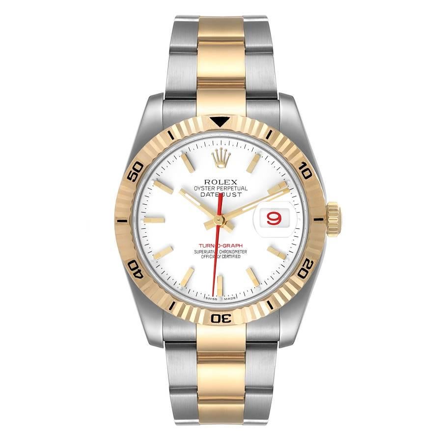 Rolex Datejust Turnograph Steel Yellow Gold Mens Watch 116263. Officially certified chronometer self-winding movement. Stainless steel case 36mm in diameter. Rolex logo on a crown. 18k yellow gold fluted bidirectional rotating turnograph bezel.
