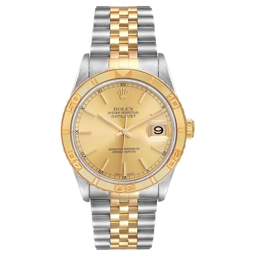 Rolex Datejust Turnograph Steel Yellow Gold Mens Watch 16263 Box Papers. Officially certified chronometer self-winding movement. Stainless steel case 36 mm in diameter. Rolex logo on a 18K yellow gold crown. 18k yellow gold thunderbird bidirectional