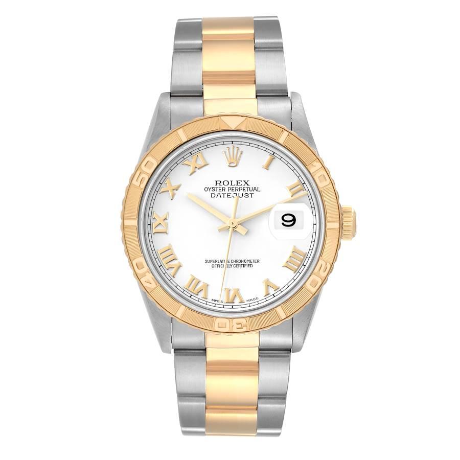 Rolex Datejust Turnograph Steel Yellow Gold Mens Watch 16263 Box Papers. Officially certified chronometer self-winding movement. Stainless steel case 36 mm in diameter. Rolex logo on an 18K yellow gold crown. 18k yellow gold 