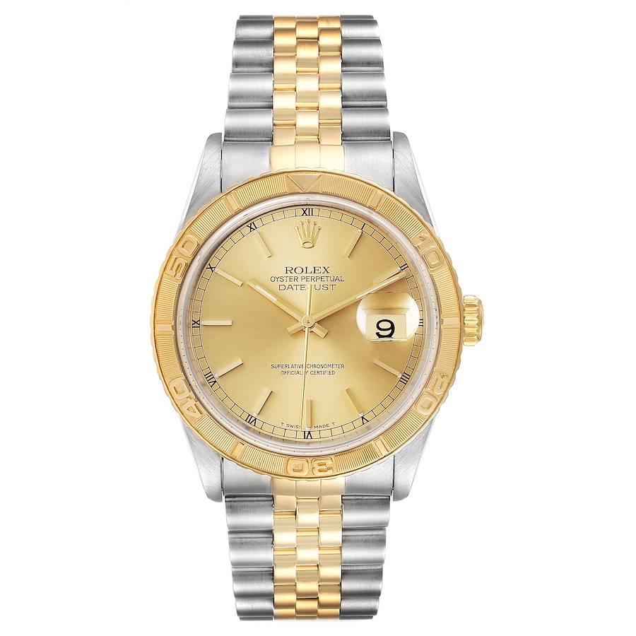 Rolex Datejust Turnograph Steel Yellow Gold Mens Watch 16263. Officially certified chronometer self-winding movement. Stainless steel case 36 mm in diameter. Rolex logo on a 18K yellow gold crown. 18k yellow gold thunderbird bidirectional rotating
