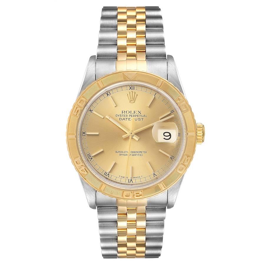 Rolex Datejust Turnograph Steel Yellow Gold Mens Watch 16263. Officially certified chronometer self-winding movement. Stainless steel case 36 mm in diameter. Rolex logo on a 18K yellow gold crown. 18k yellow gold thunderbird bidirectional rotating