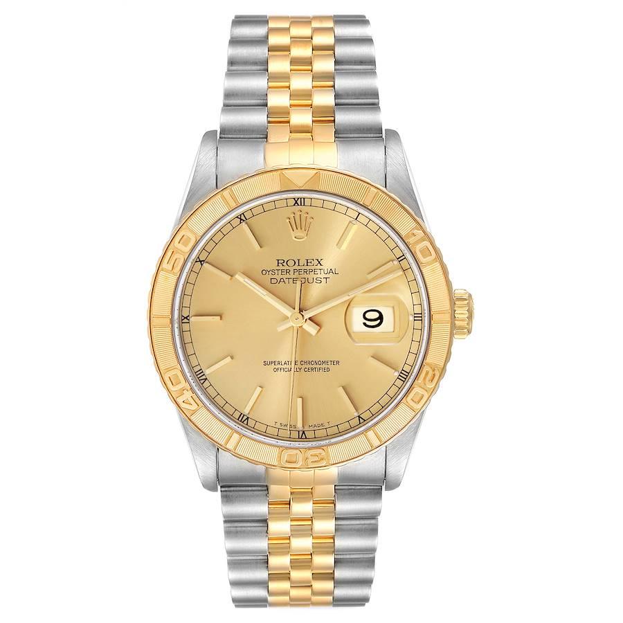 Rolex Datejust Turnograph Steel Yellow Gold Mens Watch 16263. Officially certified chronometer self-winding movement. Stainless steel case 36 mm in diameter. Rolex logo on a 18K yellow gold crown. 18k yellow gold thunderbird bidirectional rotating