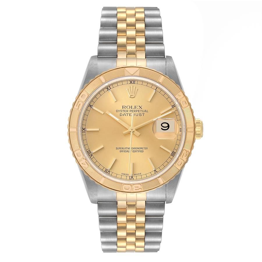 Rolex Datejust Turnograph Steel Yellow Gold Mens Watch 16263. Officially certified chronometer automatic self-winding movement. Stainless steel case 36 mm in diameter. Rolex logo on an 18K yellow gold crown. 18k yellow gold thunderbird bidirectional
