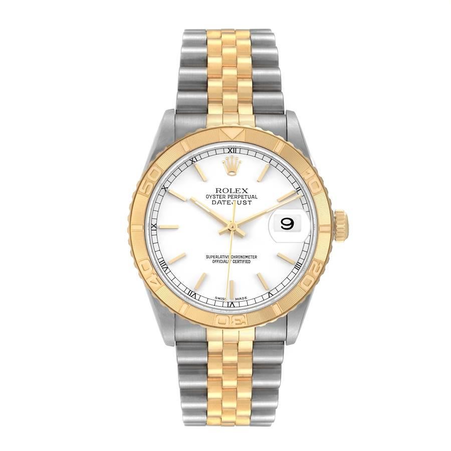 Rolex Datejust Turnograph Steel Yellow Gold Mens Watch 16263. Officially certified chronometer self-winding movement. Stainless steel case 36 mm in diameter. Rolex logo on an 18K yellow gold crown. 18k yellow gold 
