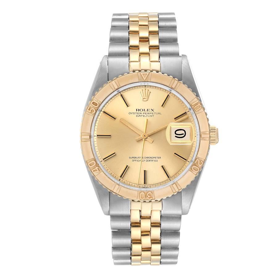 Rolex Datejust Turnograph Steel Yellow Gold Vintage Mens Watch 1625. Officially certified chronometer self-winding movement. Stainless steel case 36.0 mm in diameter.  Rolex logo on a 18K yellow gold crown. 18k yellow gold thunderbird bidirectional