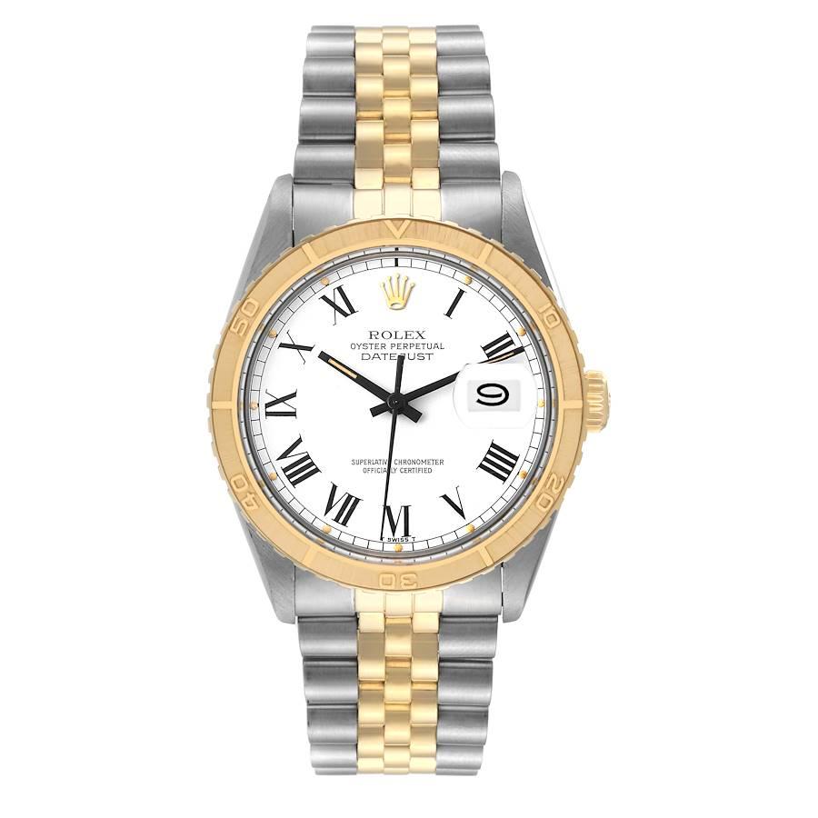 Rolex Datejust Turnograph Steel Yellow Gold Vintage Mens Watch 16253. Officially certified chronometer automatic self-winding movement. Stainless steel case 36.0 mm in diameter. Rolex logo on a 14k yellow gold crown. 14k yellow gold bidirectional