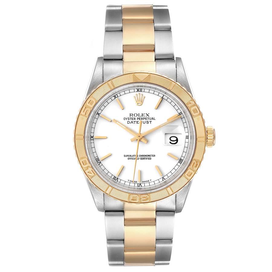 Rolex Datejust Turnograph Steel Yellow Gold White Dial Mens Watch 16263. Officially certified chronometer self-winding movement. Stainless steel case 36 mm in diameter. Rolex logo on a 18K yellow gold crown. 18k yellow gold thunderbird bidirectional