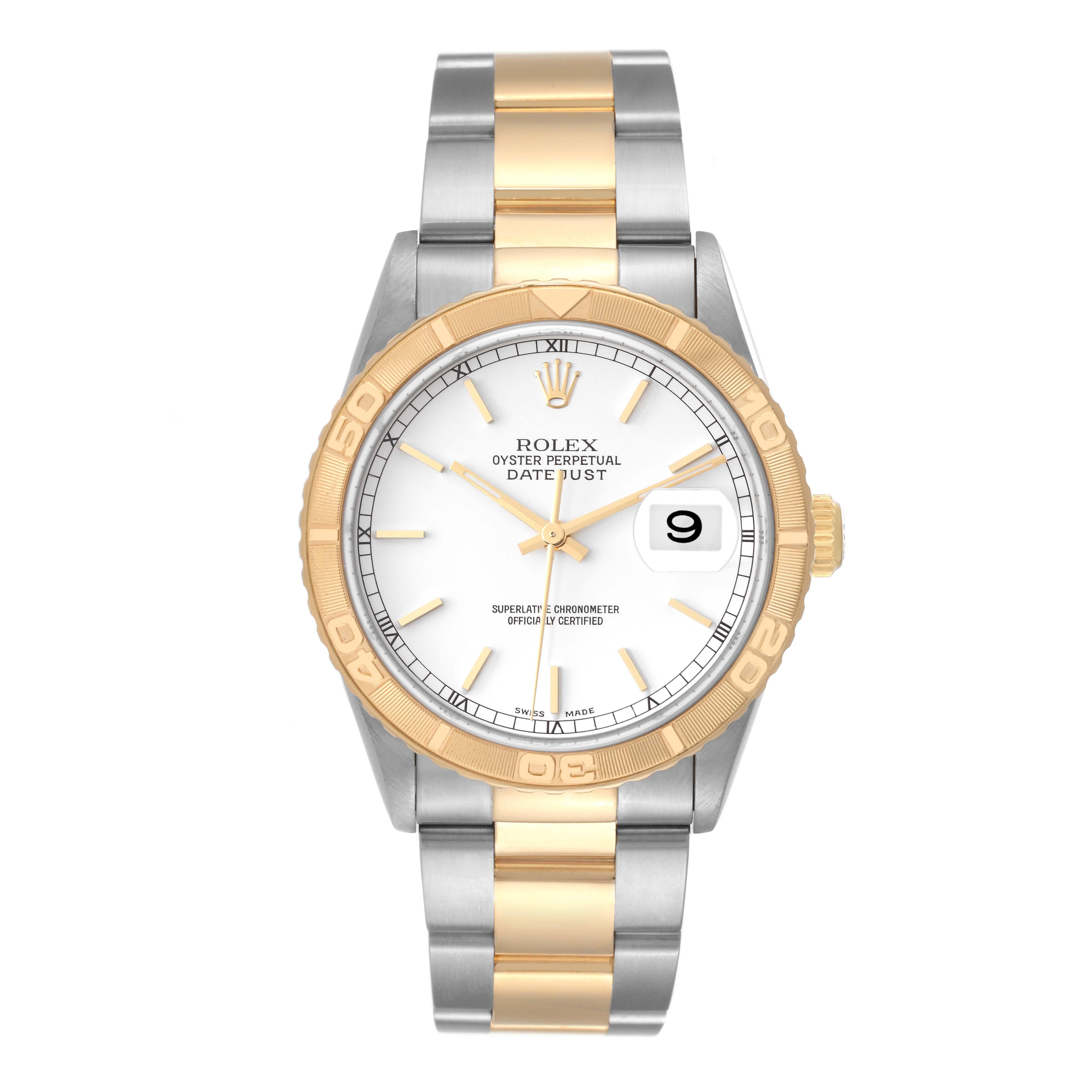 Rolex Datejust Turnograph Steel Yellow Gold White Dial Mens Watch 16263. Officially certified chronometer self-winding movement. Stainless steel case 36 mm in diameter. Rolex logo on an 18K yellow gold crown. 18k yellow gold 