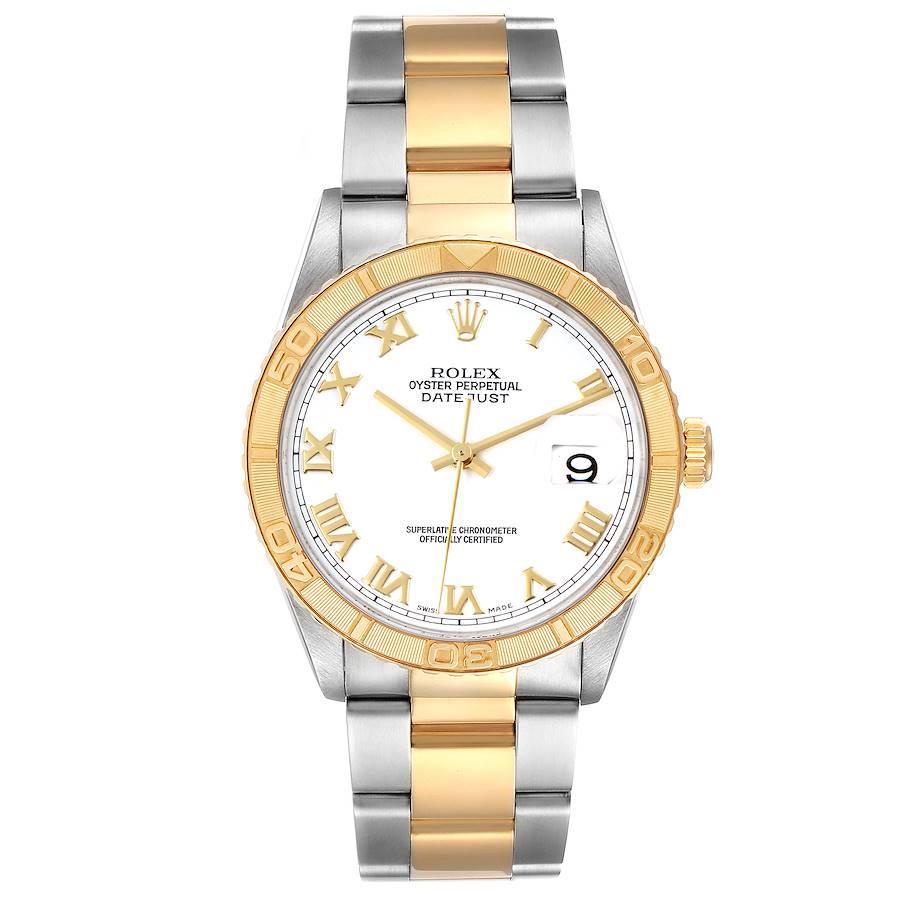 Rolex Datejust Turnograph Steel Yellow Gold White Dial Watch 16263 Box Papers. Officially certified chronometer self-winding movement. Stainless steel case 36.0 mm in diameter. Rolex logo on a 18K yellow gold crown. 18k yellow gold thunderbird