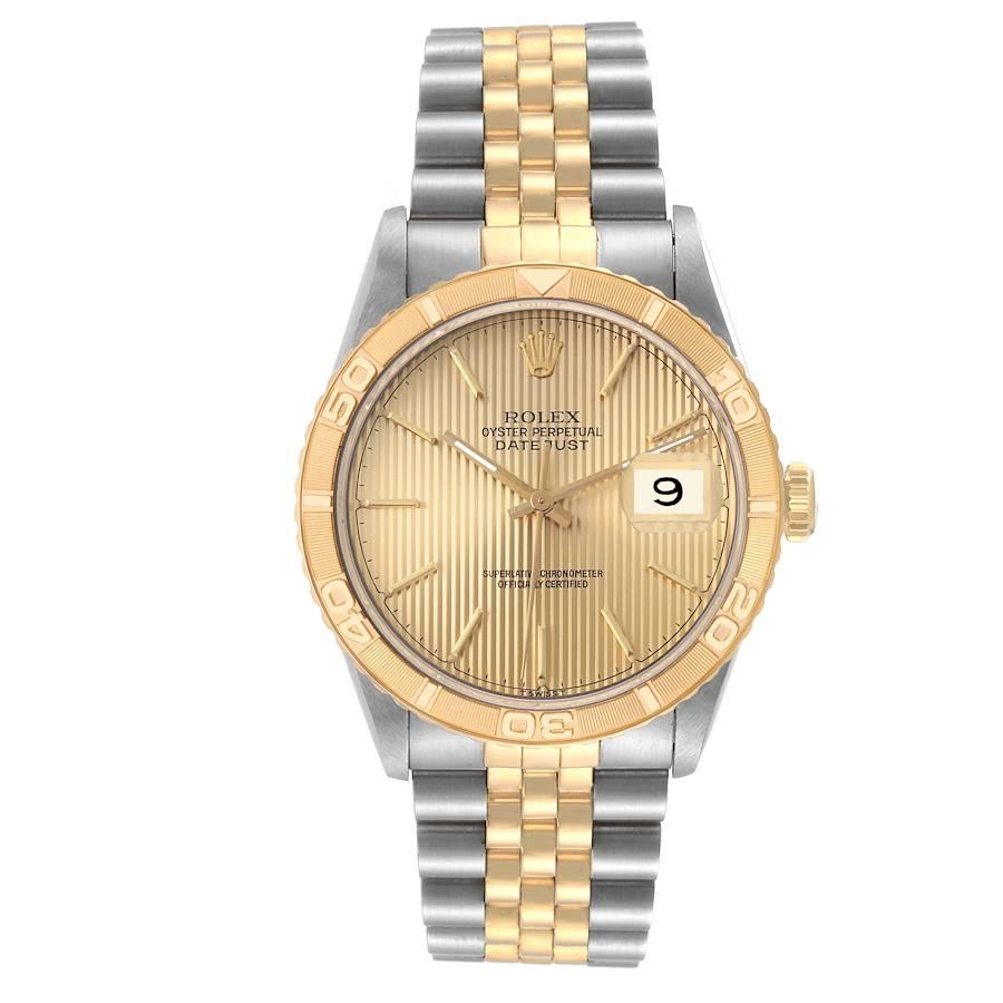 Rolex Datejust Turnograph Steel Yellow Tapestry Dial Gold Mens Watch 16263. Officially certified chronometer self-winding movement. Stainless steel case 36 mm in diameter. Rolex logo on a 18K yellow gold crown. 18k yellow gold thunderbird