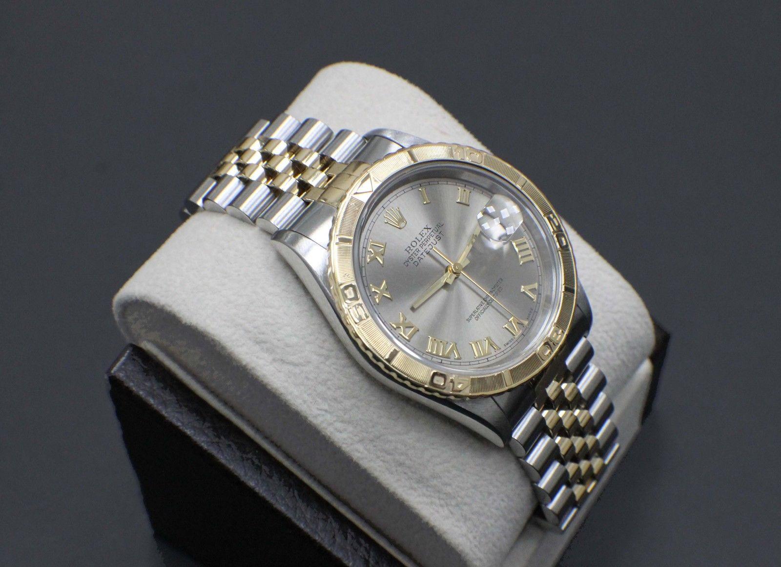 Style Number: 16263
Serial: A304***
Model: Datejust Turn-O Graph Thunderbird
Case Material: Stainless Steel
Band: 18K Yellow Gold & Stainless Steel
Bezel: 18K Yellow Gold
Dial: Silver
Face: Sapphire Crystal
Case Size: 36mm
Includes: 
-Elegant Watch