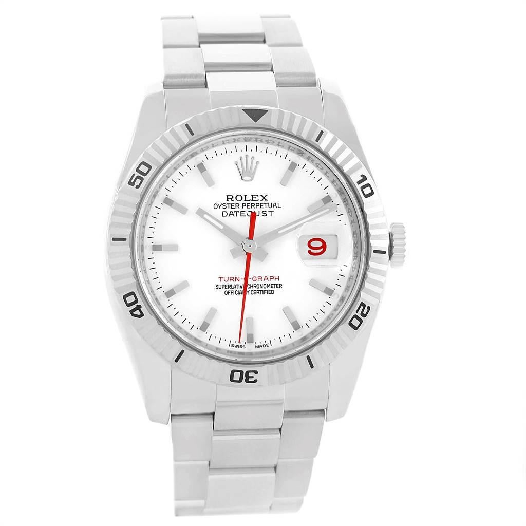 Rolex Datejust Turnograph White Dial Mens Watch 116264 Box Papers. Officially certified chronometer self-winding movement with quickset date function. Stainless steel case 36.0 mm in diameter. Rolex logo on a crown. 18k white gold fluted