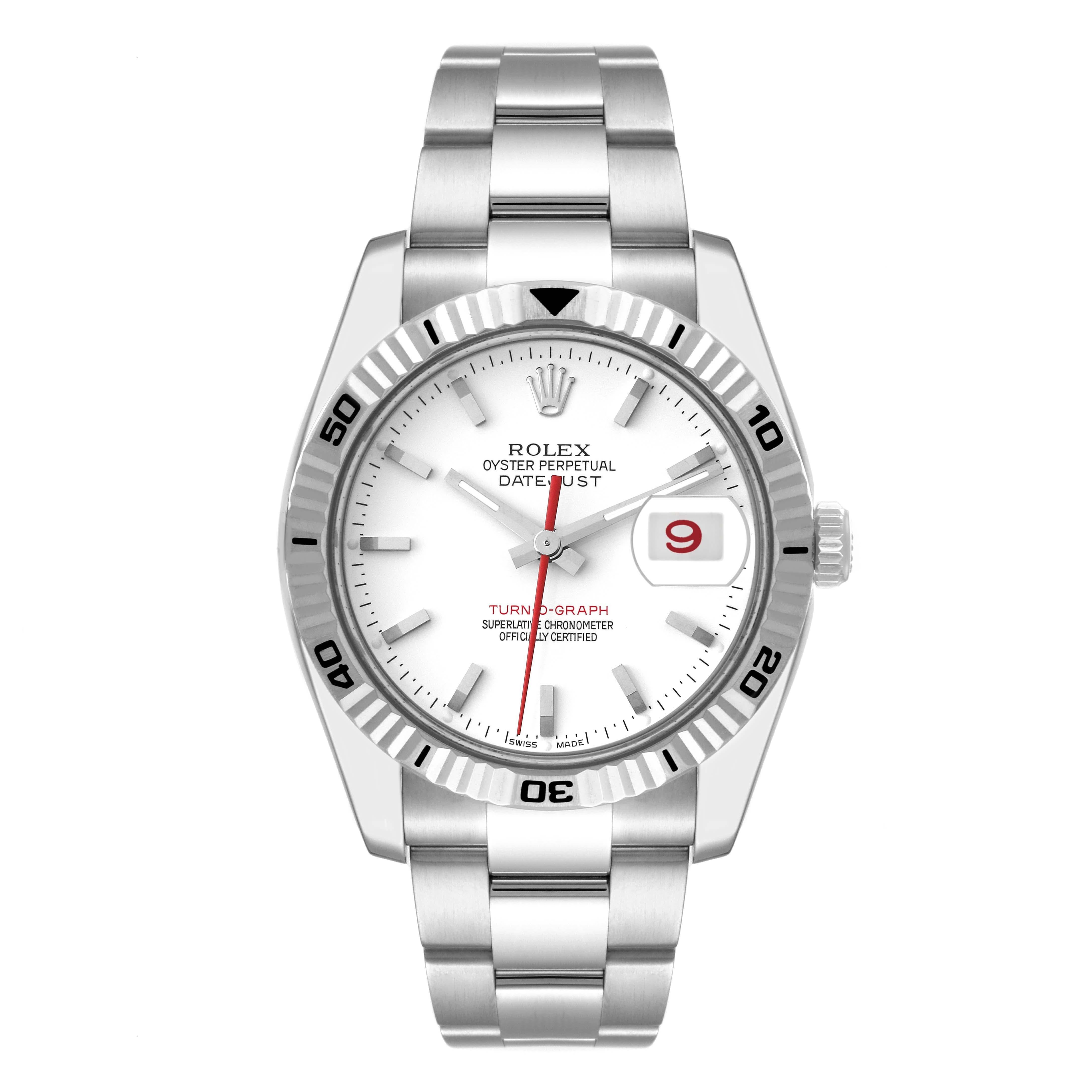 Rolex Datejust Turnograph White Dial Steel Mens Watch 116264 Box Card. Officially certified chronometer self-winding movement. Stainless steel case 36.0 mm in diameter. Rolex logo on the crown. 18k white gold fluted bidirectional rotating turnograph