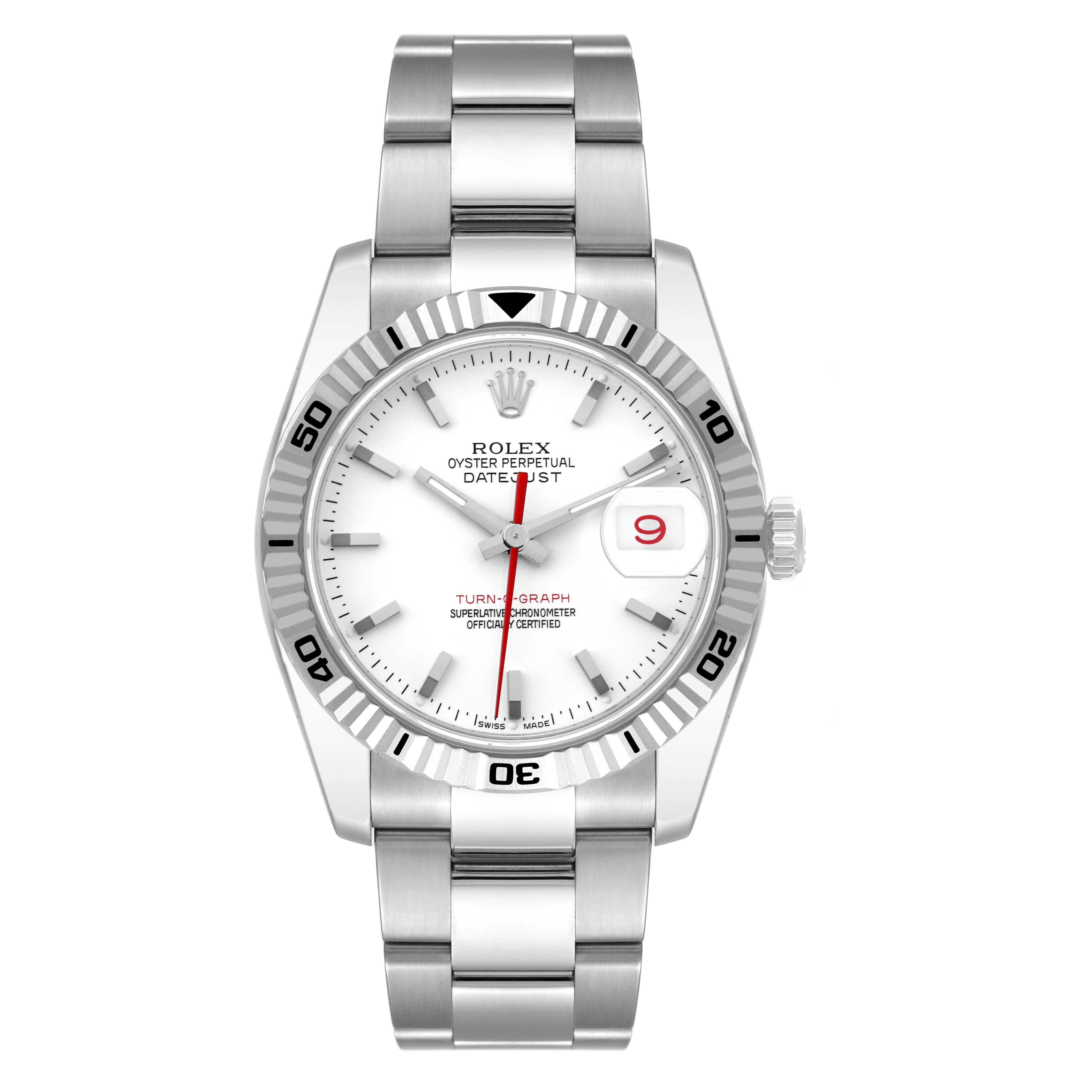 Rolex Datejust Turnograph White Dial Steel Mens Watch 116264 Box Card. Officially certified chronometer self-winding movement. Stainless steel case 36.0 mm in diameter. Rolex logo on the crown. 18k white gold fluted bidirectional rotating turnograph