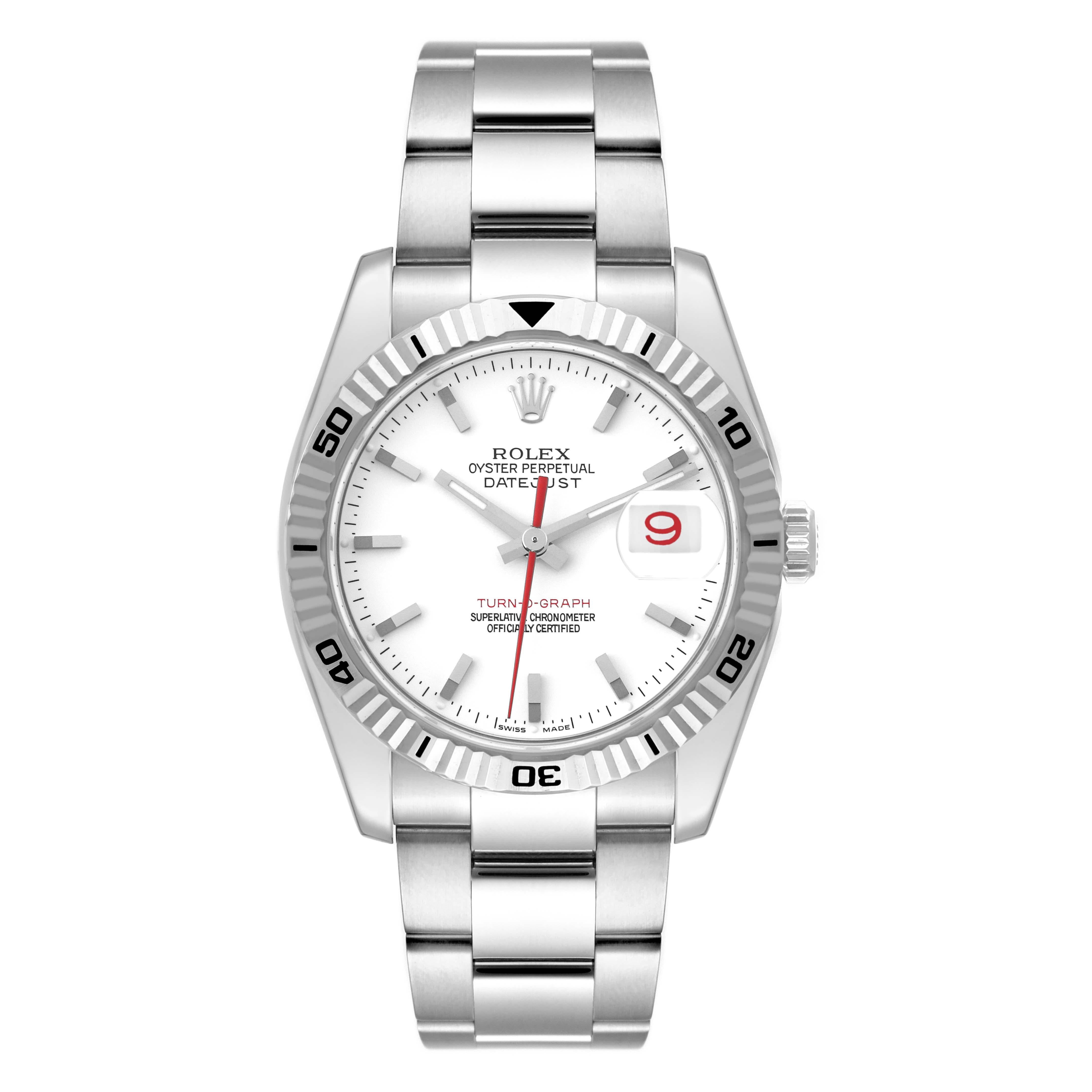 Rolex Datejust Turnograph White Dial Steel Mens Watch 116264 Box Papers. Officially certified chronometer self-winding movement. Stainless steel case 36.0 mm in diameter. Rolex logo on the crown. 18k white gold fluted bidirectional rotating