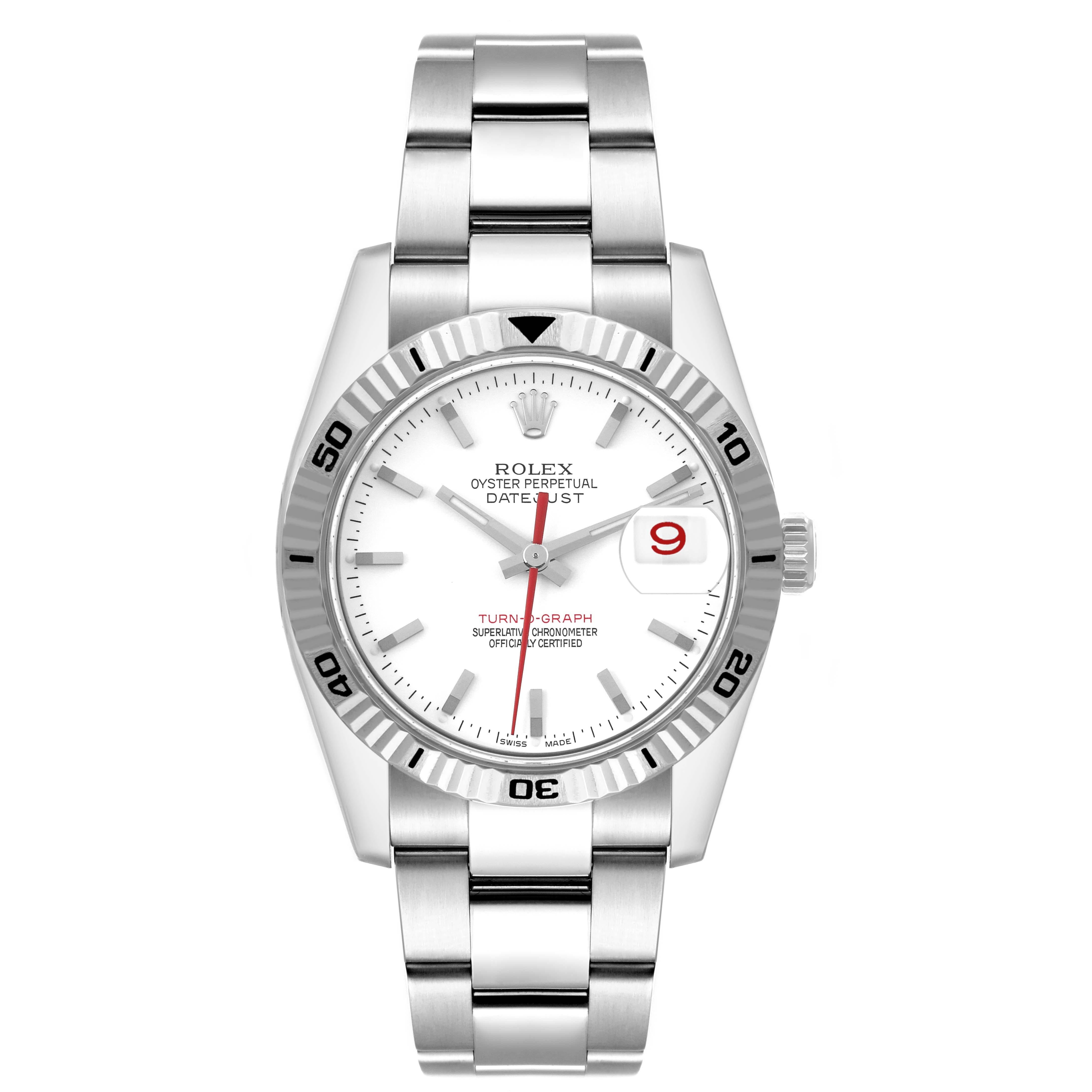 Rolex Datejust Turnograph White Dial Steel Mens Watch 116264. Officially certified chronometer self-winding movement. Stainless steel case 36.0 mm in diameter. Rolex logo on the crown. 18k white gold fluted bidirectional rotating turnograph bezel.