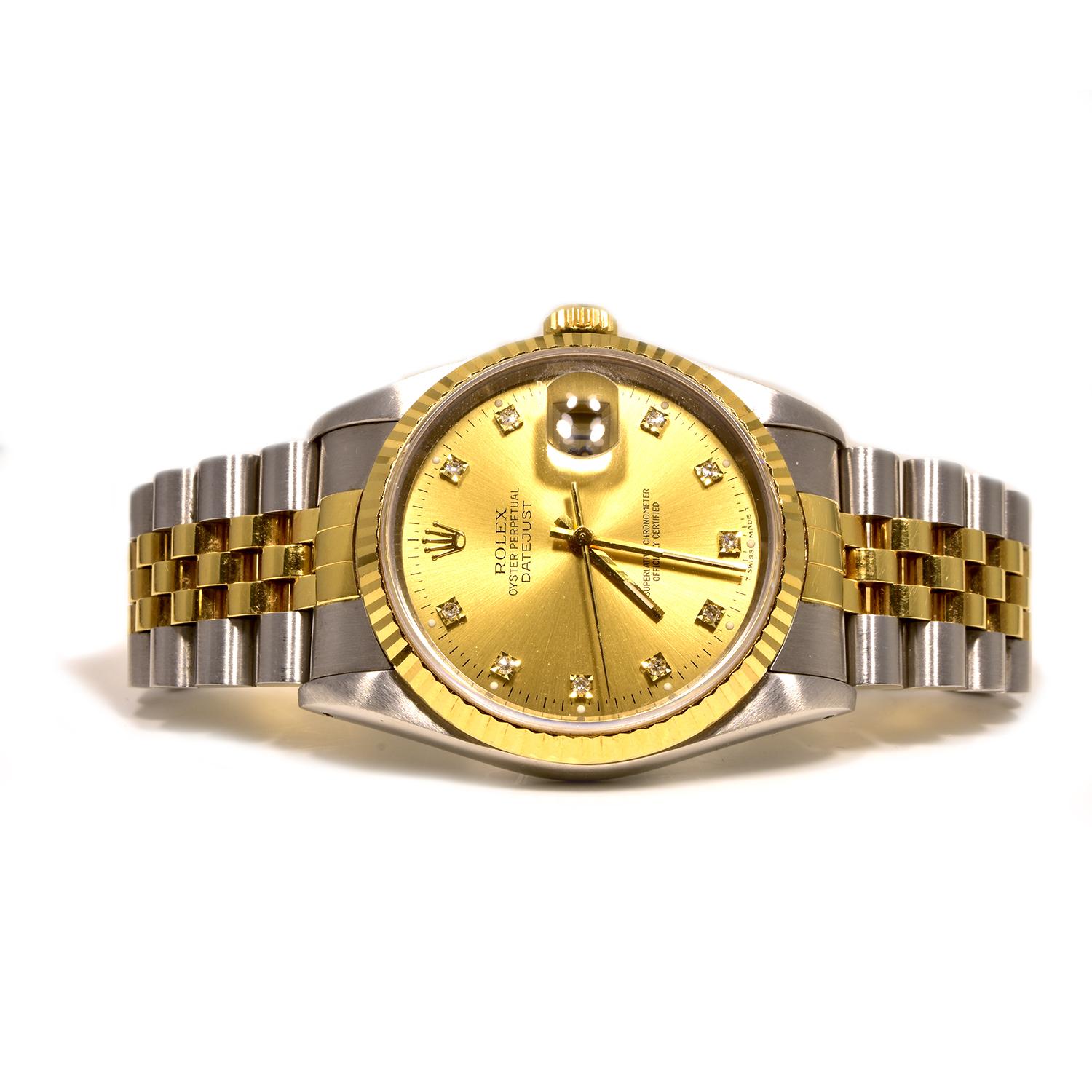 Brand: Rolex

Model Name: Date Just 

Model Number: 16233

Movement: Automatic

Case Size: 36 mm

Case Material: Stainless steel and Yellow Gold

Bezel: Yellow Gold 

Dial: Gold Dial with Diamond index markers

Bracelet:  Jubilee

​​​​​​​Crystal: