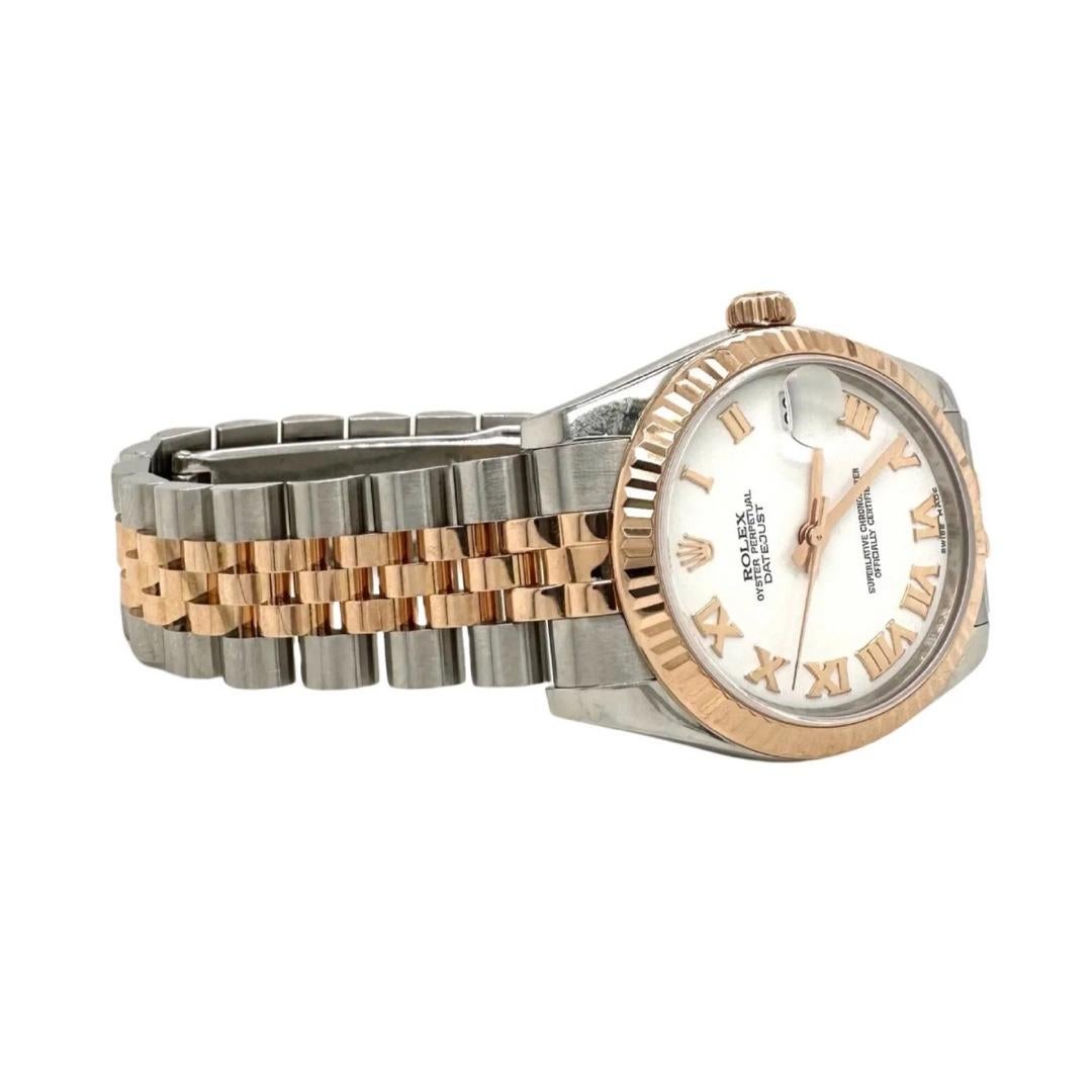Brand: Rolex 

Model Name: Datejust

Model Number: 178271

Movement: Mechanical Automatic

Case Size: 31 mm

Case Material: Stainless Steel

Bracelet: Jubillee; 18k Rose Gold/Stainless Steel

Dial: White with Roman Numeral

Bezel: Fluted, 18k Rose