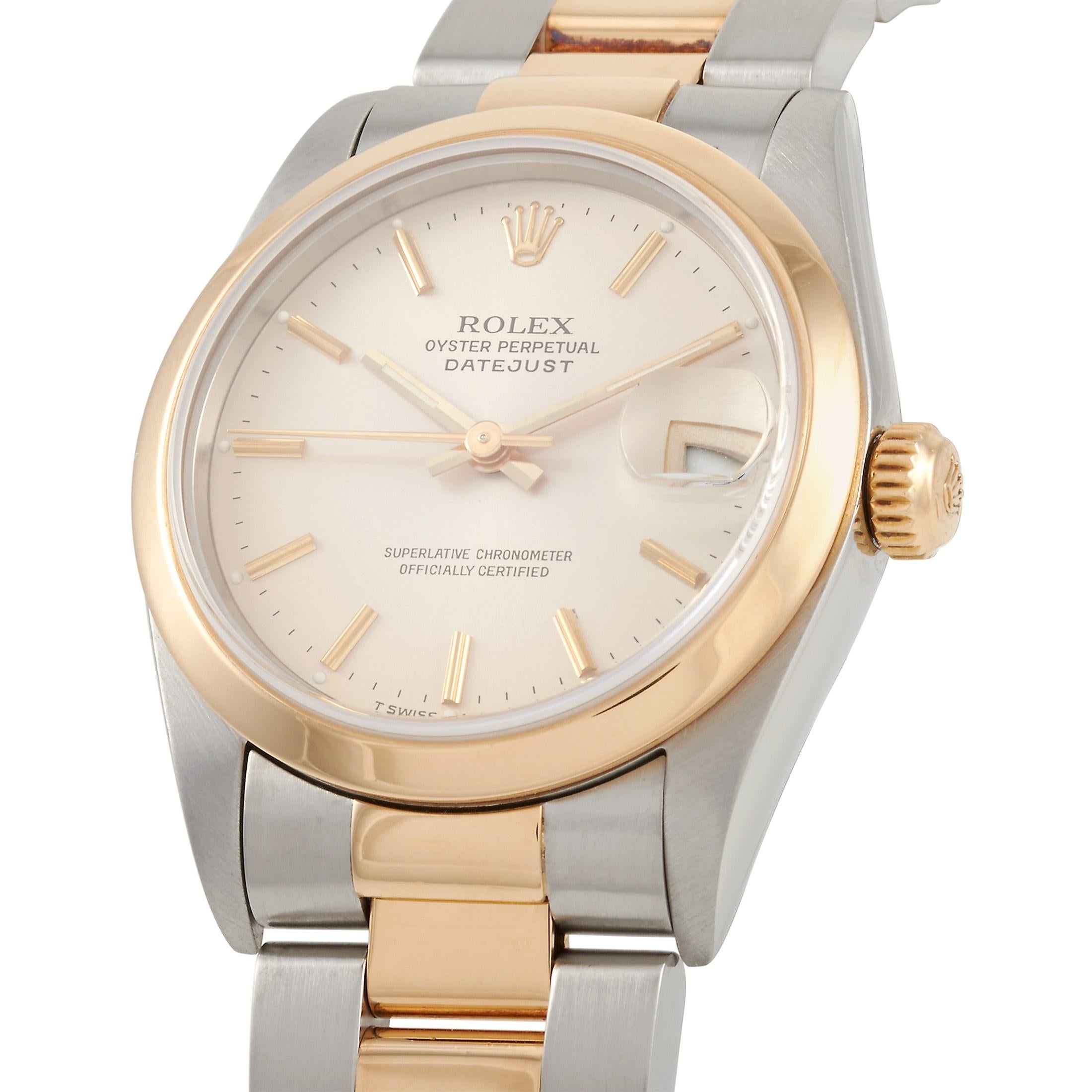 This Rolex Datejust Two-Tone 31mm Watch, reference number 68243, features a stainless steel and yellow gold case measuring 31 mm in diameter with a yellow gold bezel. It is presented on a matching stainless steel and yellow gold bracelet with