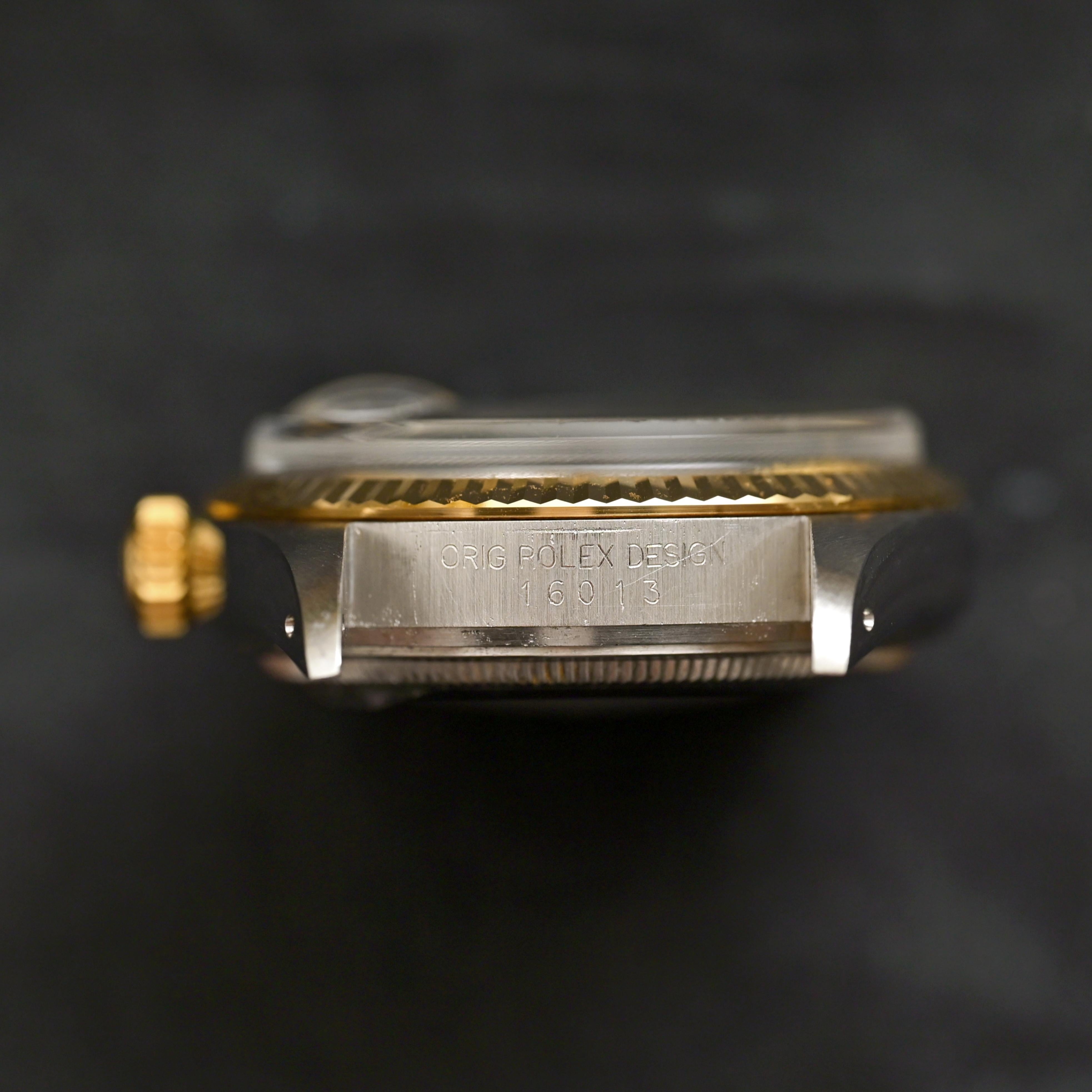 Marke: Vintage By Rolex
Modell: 16013
Jahr: 1985
Seriennummer: 90xxxxx

Referenz: C04571

Gehäuse: 36mm Durchmesser ohne Krone; leichte Gebrauchsspuren mit leichter Politur von früher; Innenboden gestempelt 16000

Zifferblatt: Excellent Condition