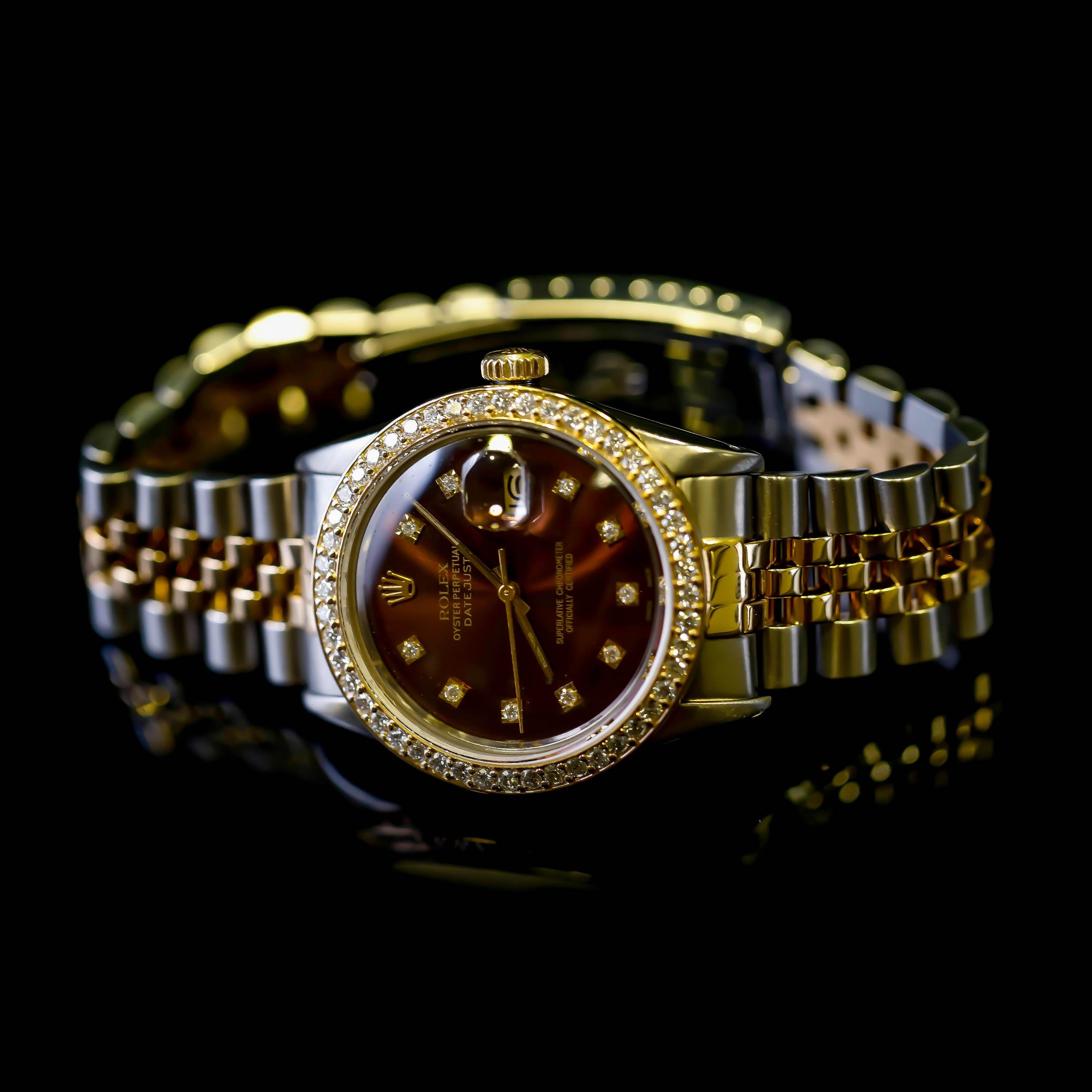 Rolex Montre Datejust en acier et or bicolore avec cadran chocolat personnalisé et diamants, avec anniversaire en vente 1