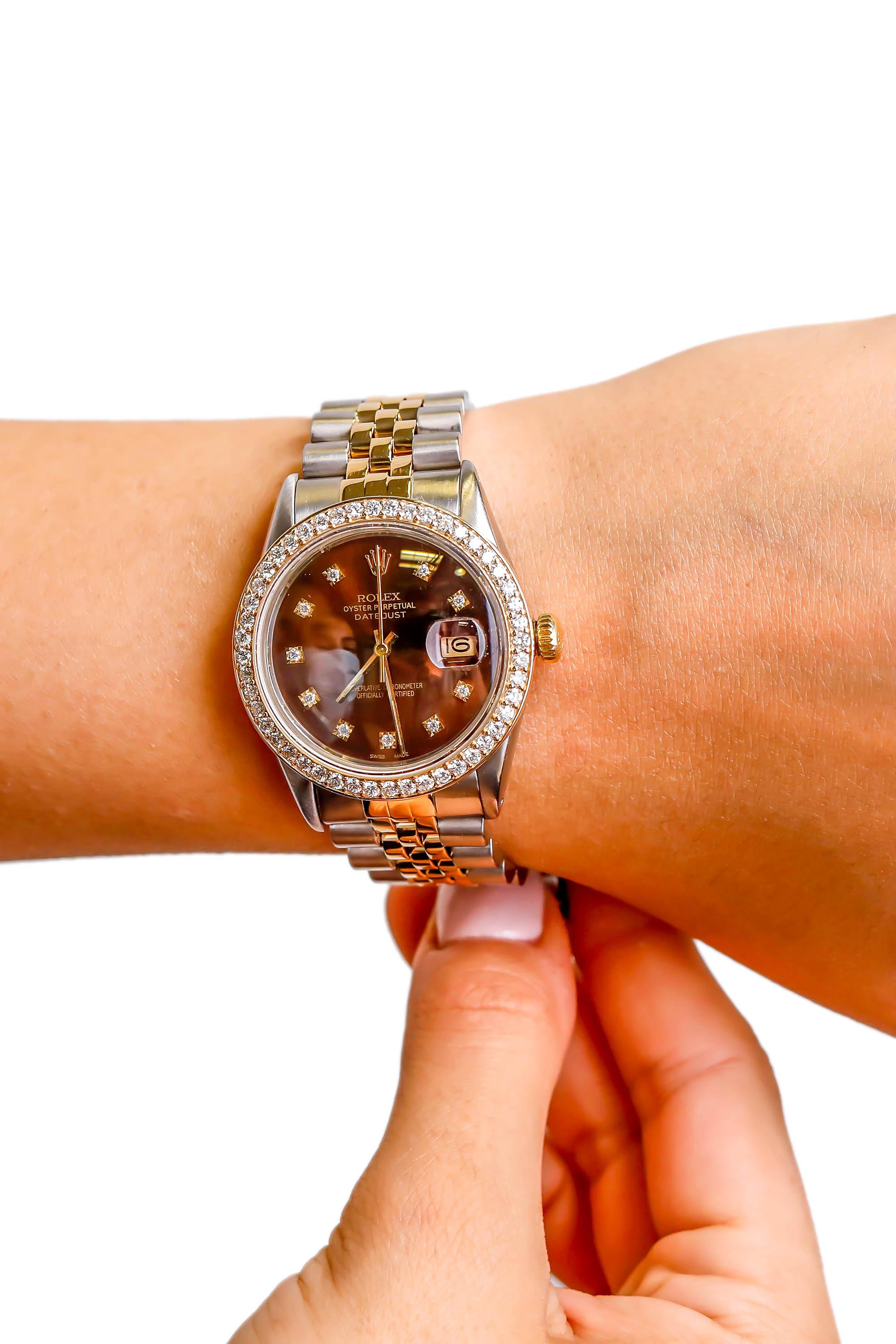 Rolex Datejust zweifarbige Gold Stahl Jubilee Custom Diamant Schokolade Zifferblatt Uhr (Rundschliff) im Angebot