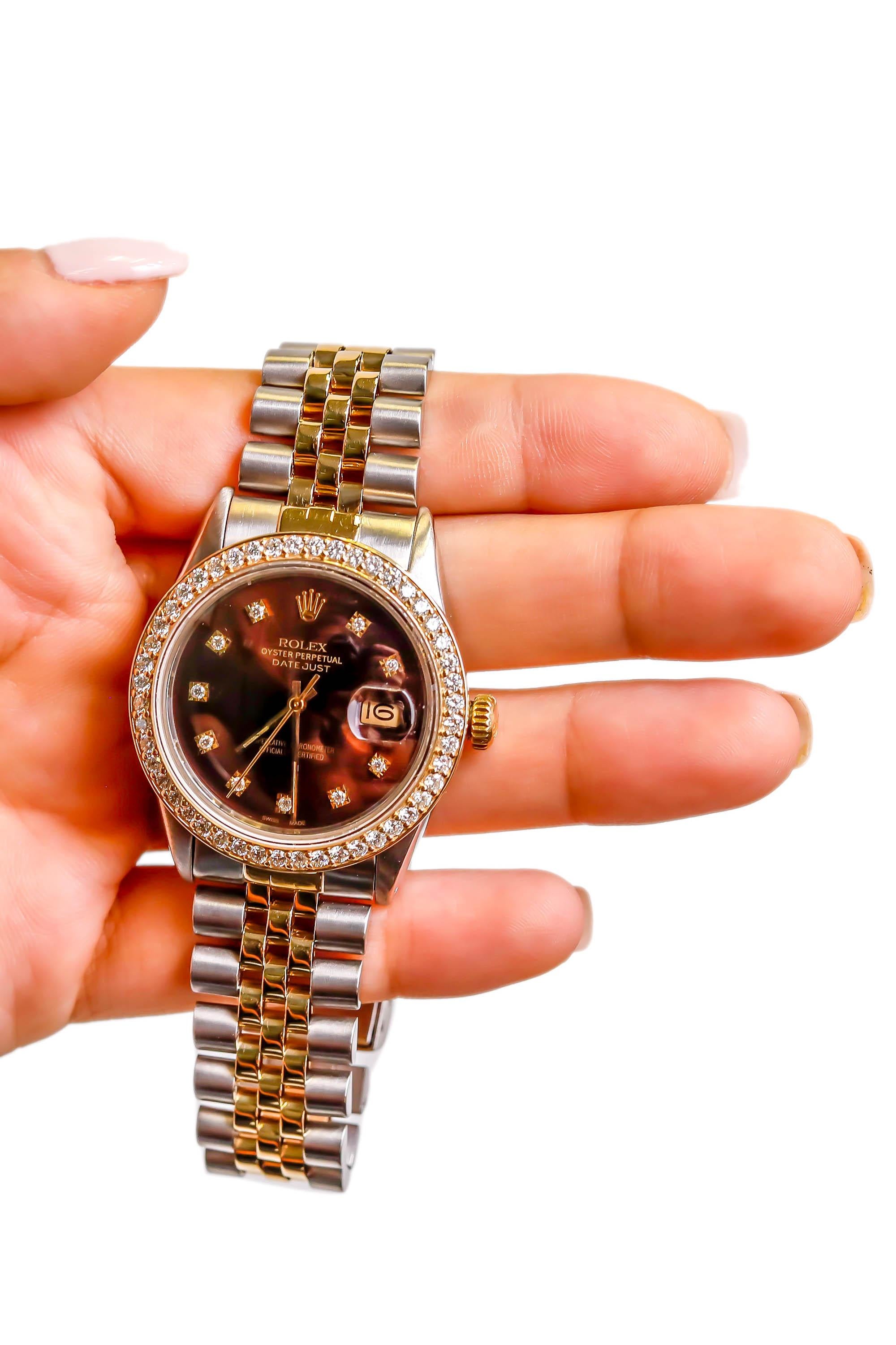 Rolex Datejust Two-Tone Gold Steel Jubilee Custom Diamond Chocolate Dial Watch In Excellent Condition For Sale In New York, NY