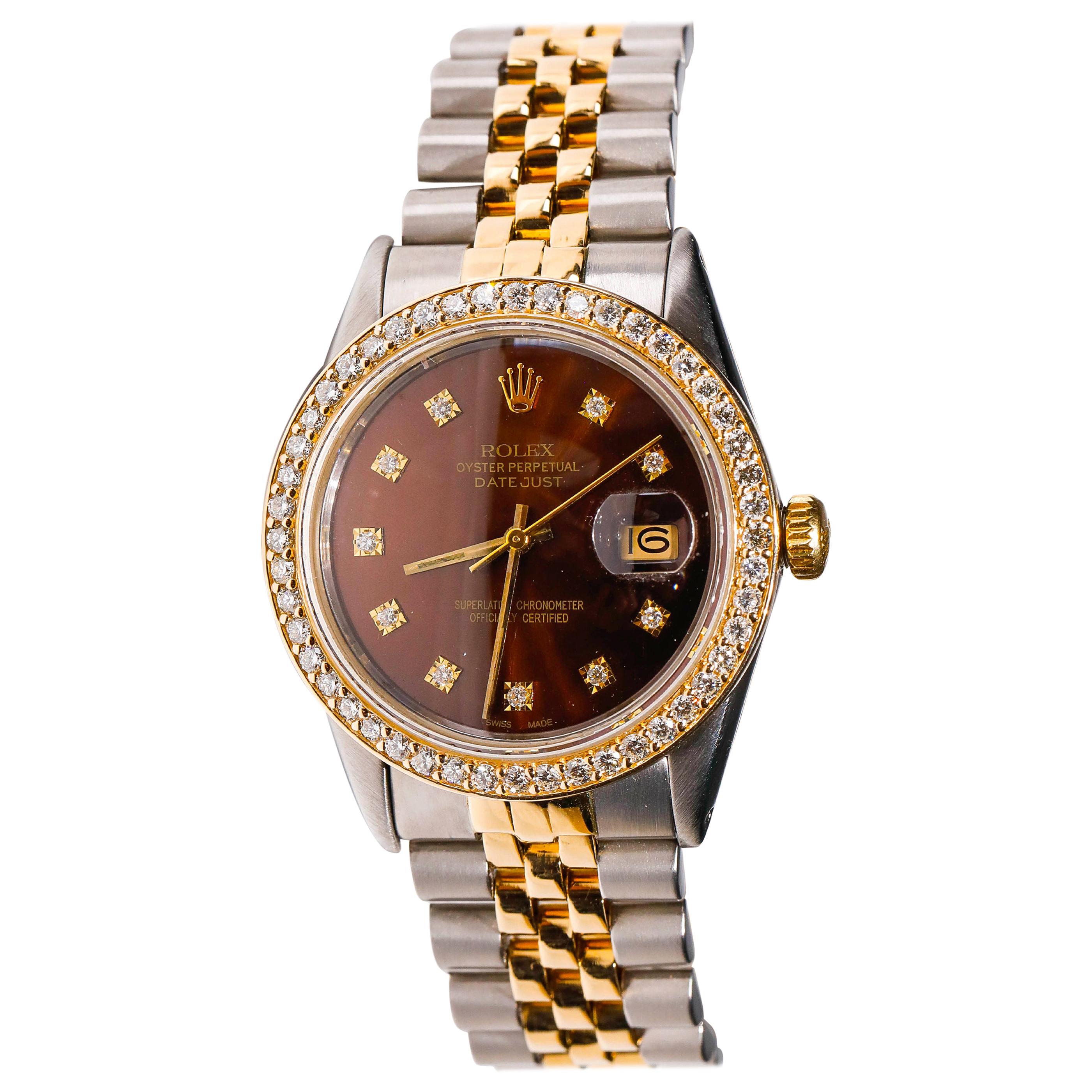 Rolex Montre Datejust en acier et or bicolore avec cadran chocolat personnalisé et diamants, avec anniversaire en vente