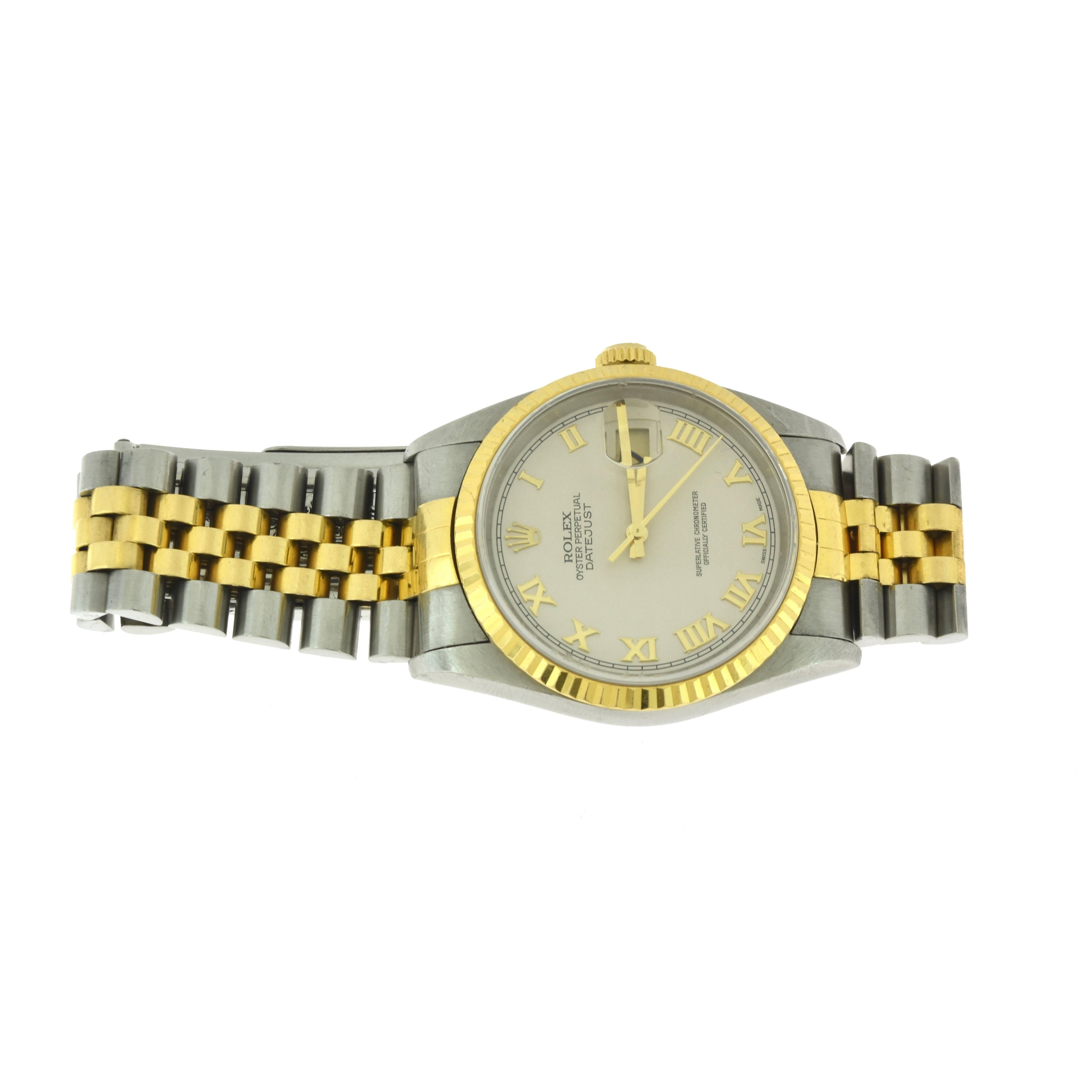 Women's or Men's Rolex Datejust Two Tone Gold or Steel Ivory Pyramid Roman Dial Model 16233 Watch For Sale