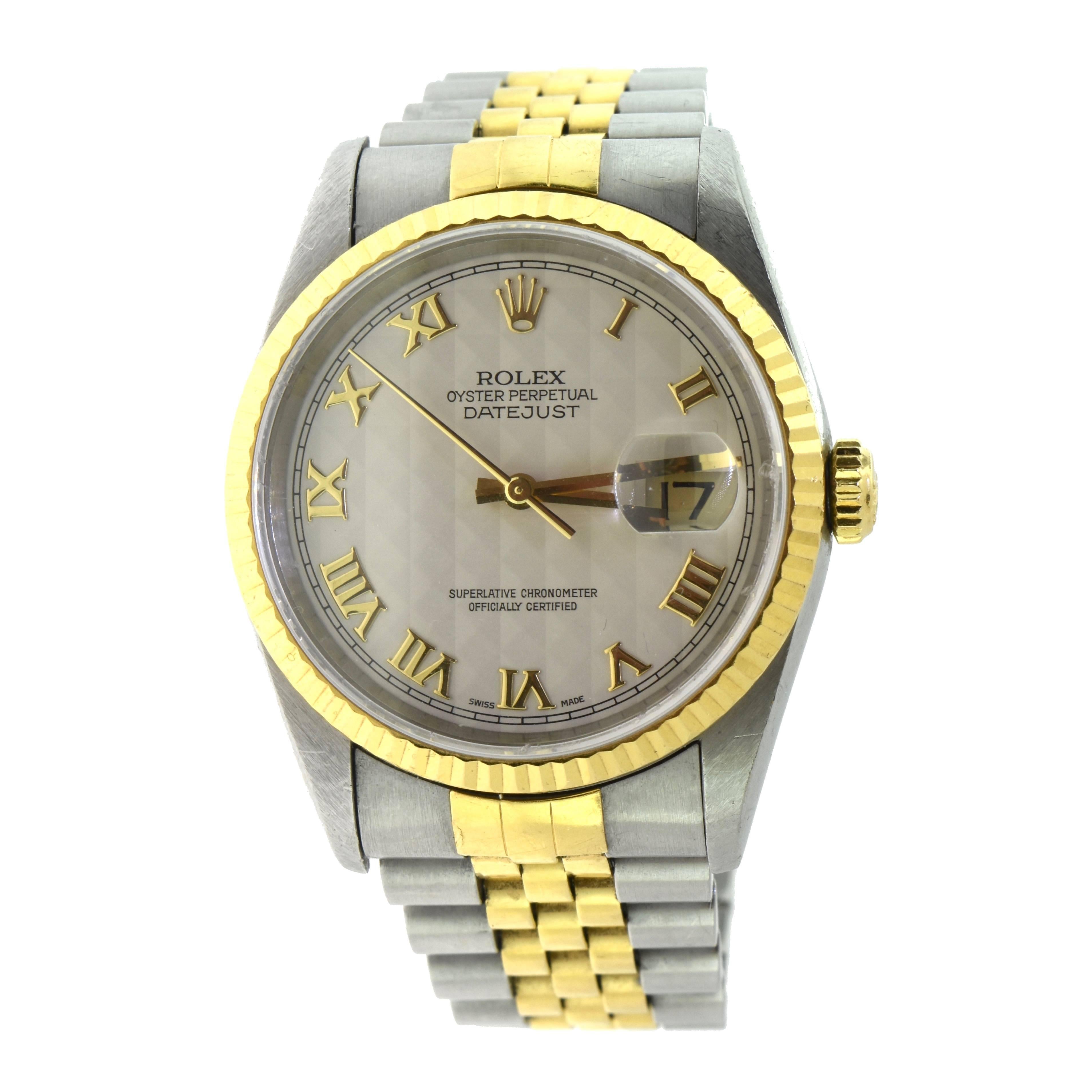 Rolex Datejust Two Tone Gold or Steel Ivory Pyramid Roman Dial Model 16233 Watch For Sale