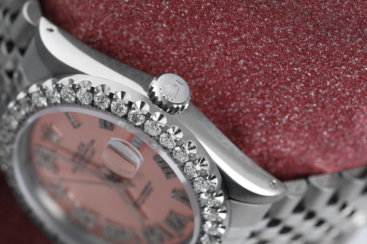 Rolex 36mm Datejust Custom Diamond Bezel, Pink Diamond Roman Dial 16014
This watch is in like new condition. It has been polished, serviced and has no visible scratches or blemishes. All our watches come with a standard 1 year mechanical warranty